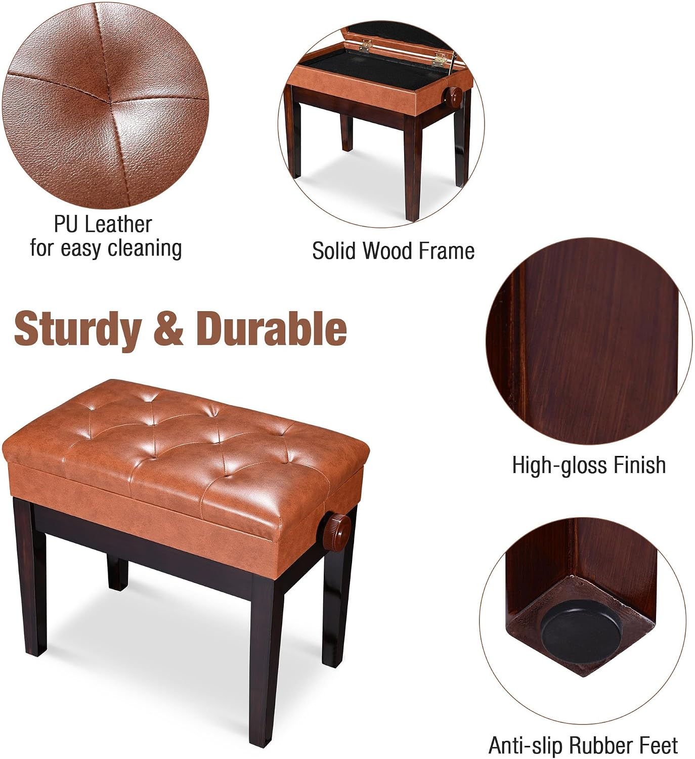 AW Adjustable Piano Bench with Storage Brown Wooden Keyboard Stool Seat | Leather Cushion Paino Chair for Piano Shop Music School Studio Capacity 400lbs