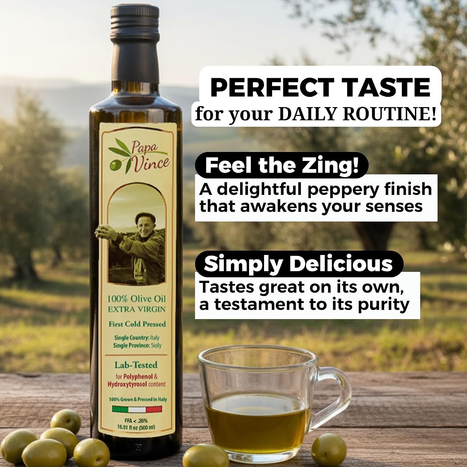 Papa Vince Hydroxytyrosol Lab-Verified Olive Oil - Drinking EVOO, Fresh Taste, High in Polyphenols, First Cold Press, Family Harvest, Sicily, Italy