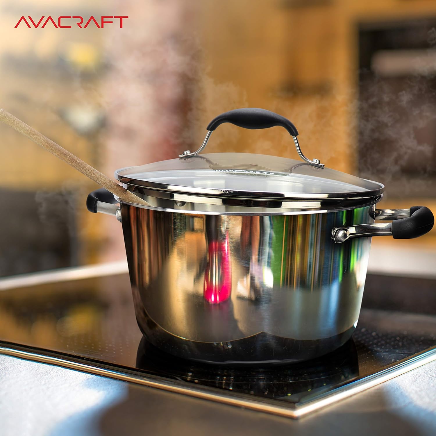 AVACRAFT 6 Quart Stainless Steel Stock Pot with Glass Strainer Lid | 5-Layer Capsule Base, Tempered Glass Strainer Lid, Drip-Free Pour Spouts, Induction Compatible, Dishwasher Safe