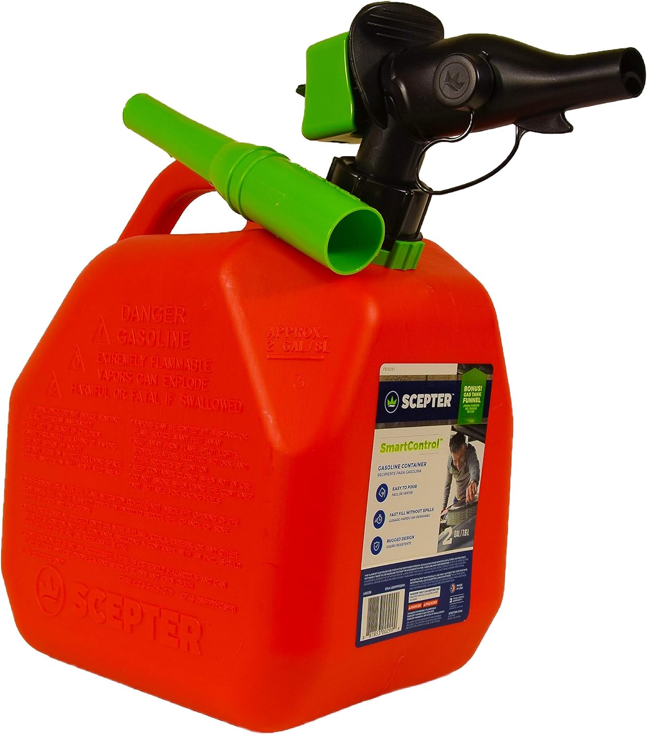Scepter 1 Gal Gas Can, Spill Proof SmartControl Spout, Spout Extender, Red