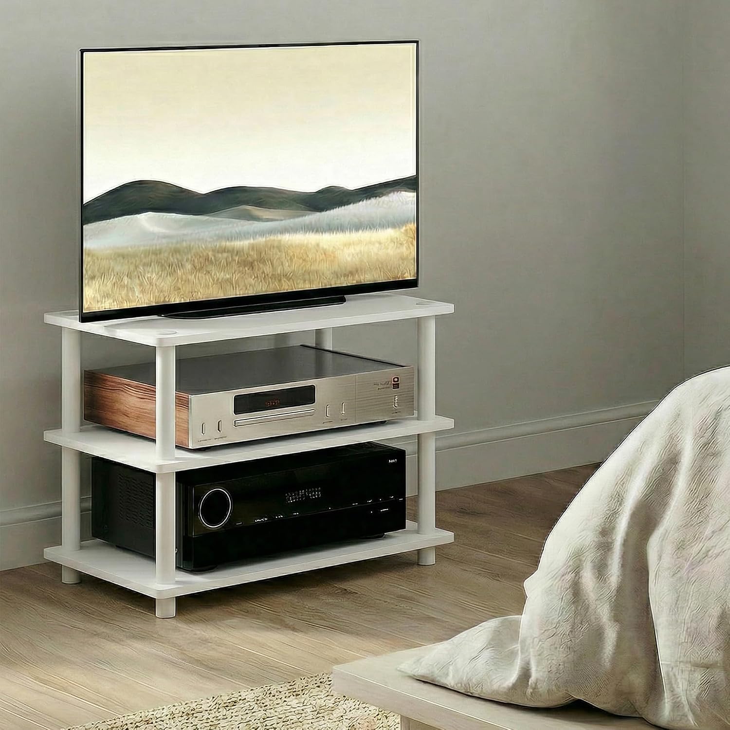 Furinno Turn-N-Tube TV Riser Stand, 2-Tier Small Elevated No Tools TV Stand, TV Console for TV up to 32 inch, 15.8 x 23.8 x 11, for Living Room, Bedroom, French Oak/Black