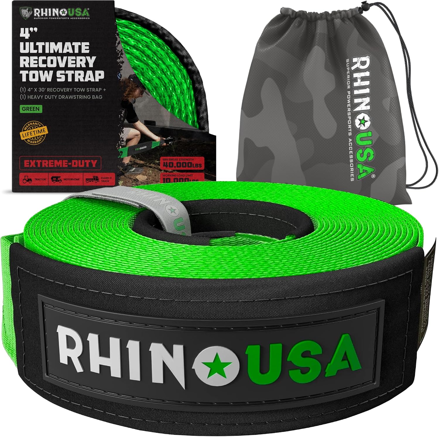 Rhino USA Recovery Tow Strap (3in x 30ft) - 31,518lb Heavy Duty Towing | 31,518lb Break Strength Emergency Tow Strap, Extended 30ft Length. For Truck, UTV, ATV & Jeep Offroad Recovery. Black