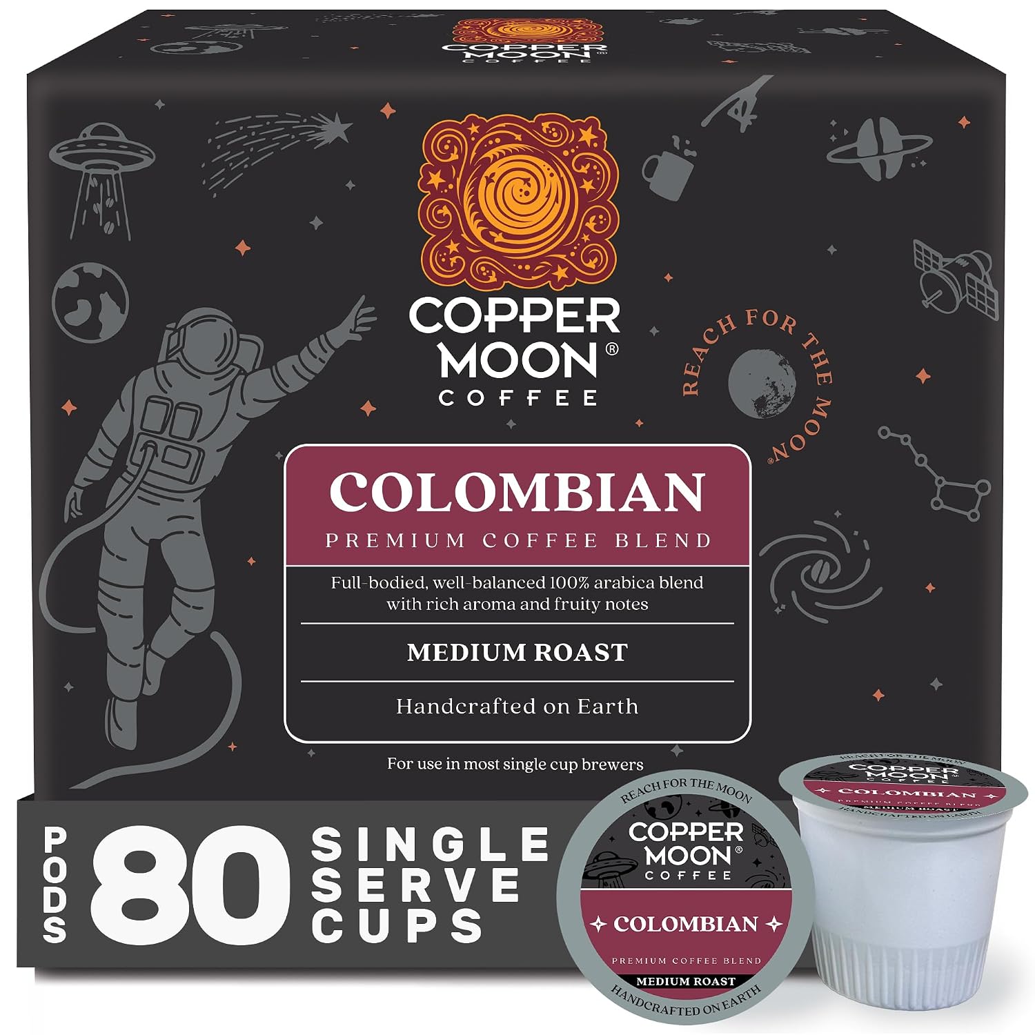 Copper Moon K-Cup Coffee Pods, Medium Roast, Costa Rican Blend, 80 Count | Single Serve, Vegan, Allergen Free, Non-GMO, Kosher, Small Batch Roasted, Vegetarian, Compatible with Keurig K Cup Brewers