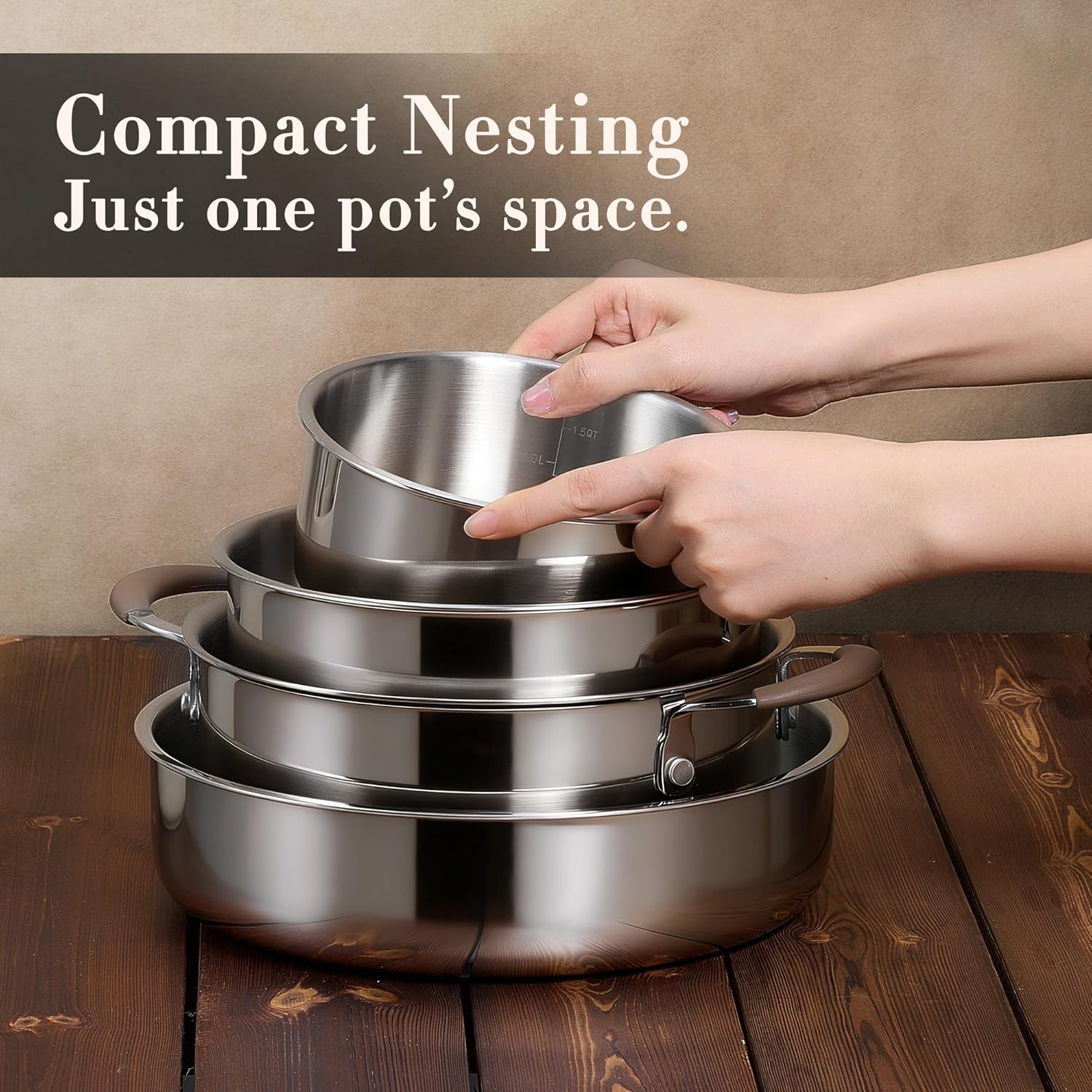 CAROTE 19pcs Tri-Ply Stainless Steel Cookware Set with Detachable Handle | Pots and Pans Set, Even Heating, Non-Toxic, Induction Compatible