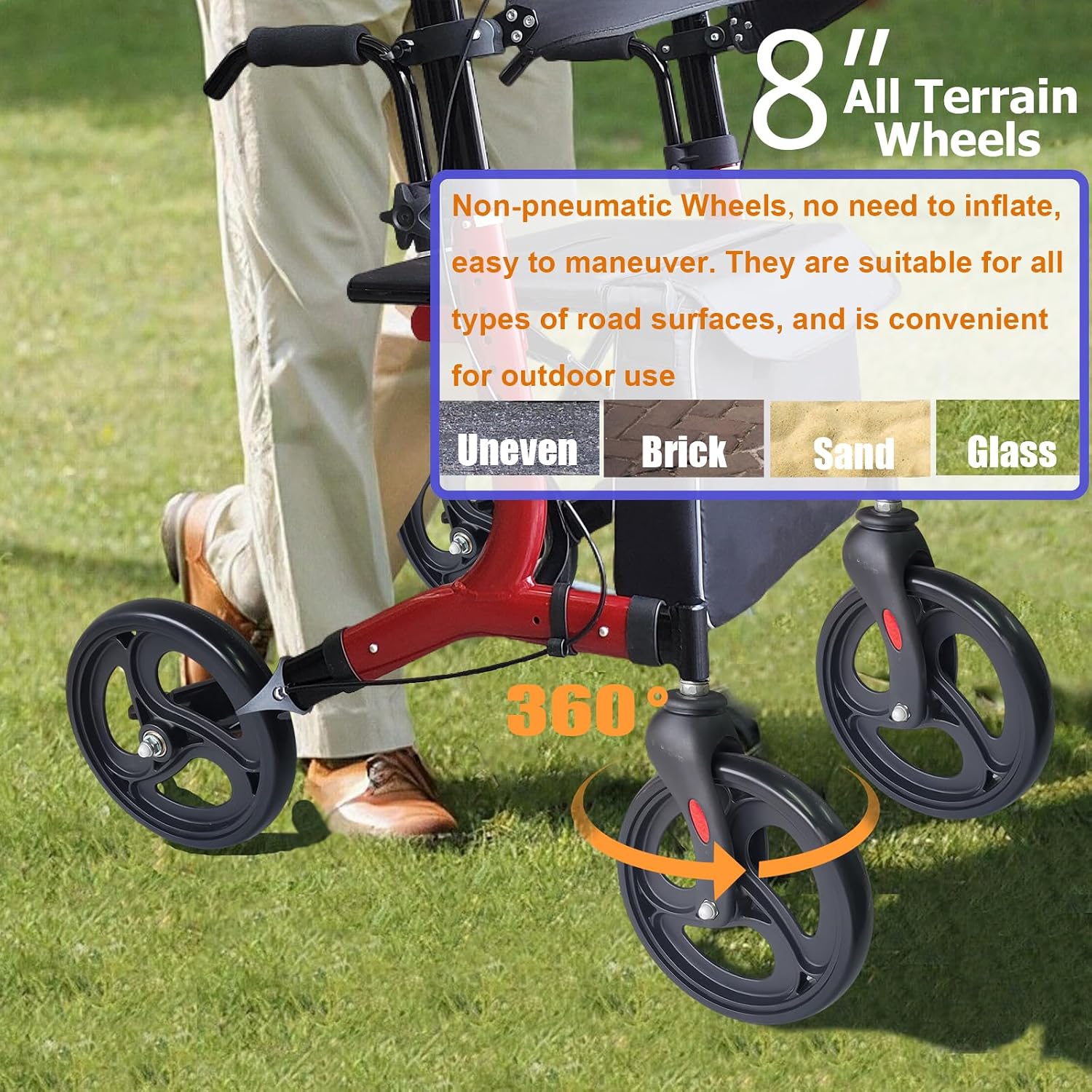 Aliseniors Upright Walker for Seniors - Big Stand Up Walker with Wide Seat, Foldable 4 Wheel All-Terrain Rolling Walker, Adjustable Armrests, 300lbs, Improves Posture & Reduces Back Strain | 20.6" Wide Seat, Foldable Rollator, 8" All-Terrain Wheels, Adju…
