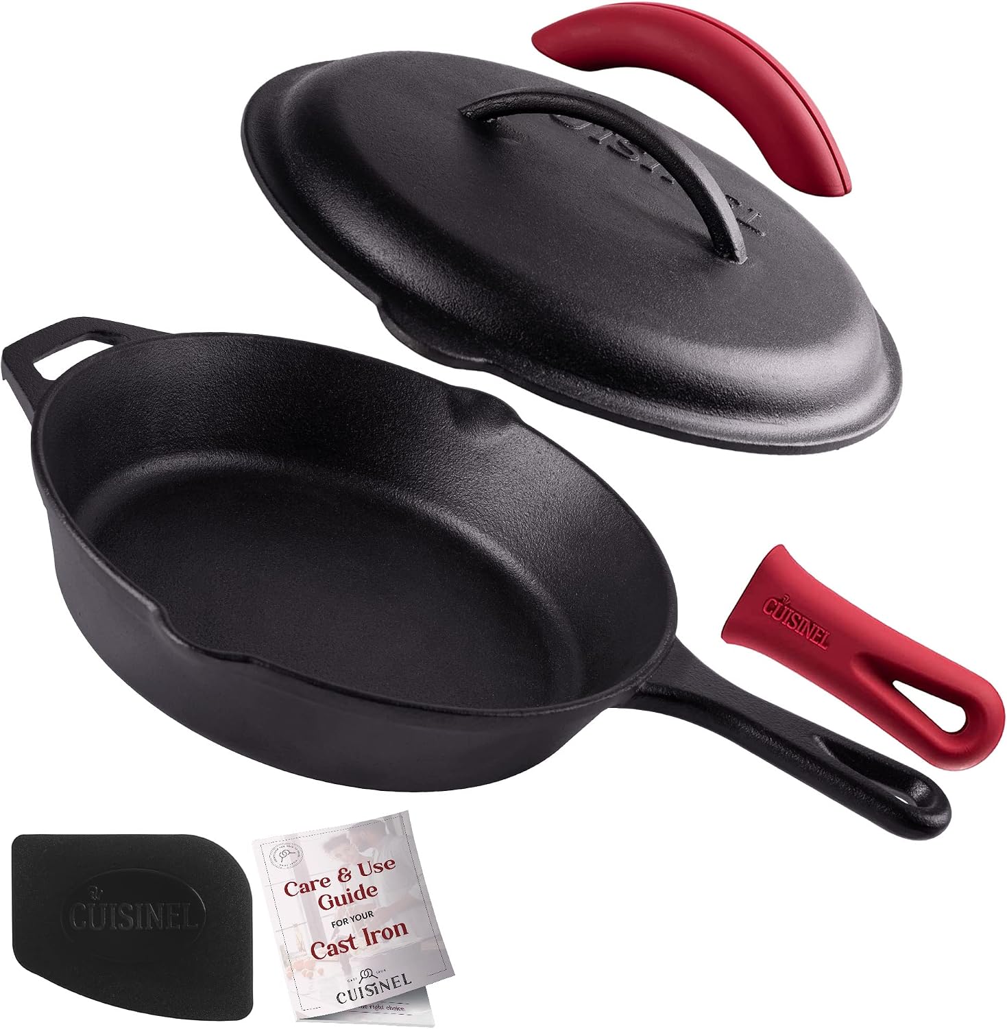 Cast Iron Skillet - 10"-Inch Frying Pan with Pour Spouts + Pan Scraper + Silicone Grip Handle Cover Holder - Pre-Seasoned Oven Cookware - Indoor/Outdoor Use - Stovetop, Induction. PFAS and PFOA-free
