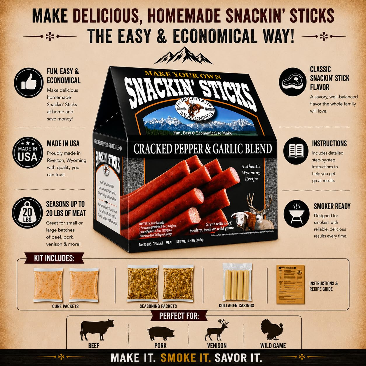 Hi Mountain Snack Stick Seasoning Kit | ORIGINAL | Makes 20 lbs | Complete Snack Stick Kit, Seasoning, Cure, Casings, & Directions Included, For Beef, Deer, Elk, Venison & Wild Game Meat