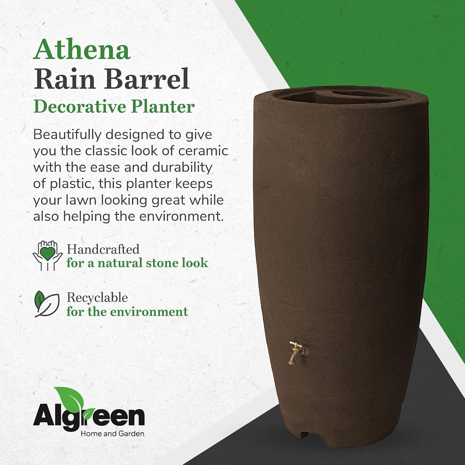 Algreen Rain Barrel - 80 Gallon with Brass Spigot, 2 Pack - Plastic | Brownstone Finish, Roto Molded Construction, Chip Fade Crack Resistant