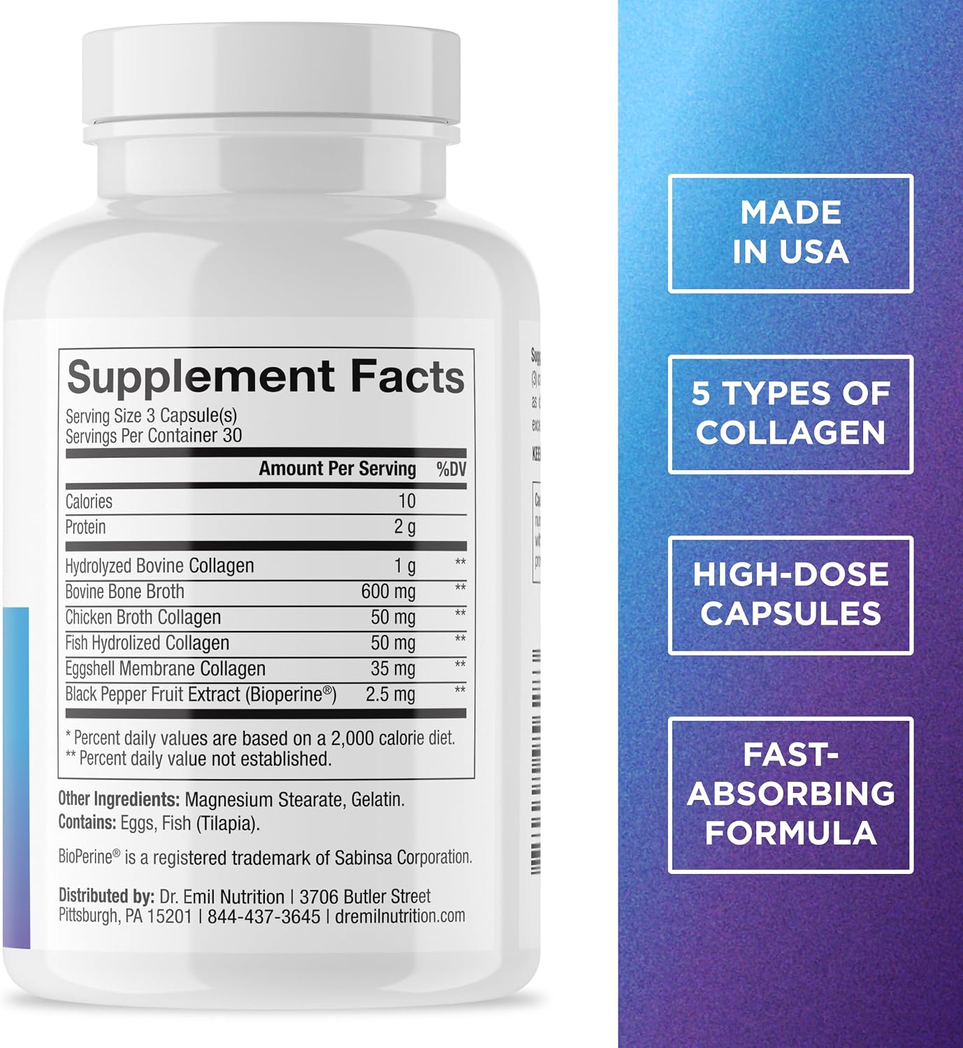Dr. Emil Multi Hydrolized Collagen, Types I, II, III, V & X, 90 Capsules | All-in-One Hydrolyzed Collagen Blend Supporting Hair, Skin, Nails