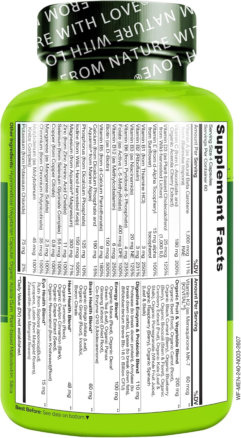 NATURELO Men's Multivitamins - Whole Food Multivitamin for Men, 120 Caps | Vitamins, minerals, vegetarian capsules, energy, brain, heart, eye health*