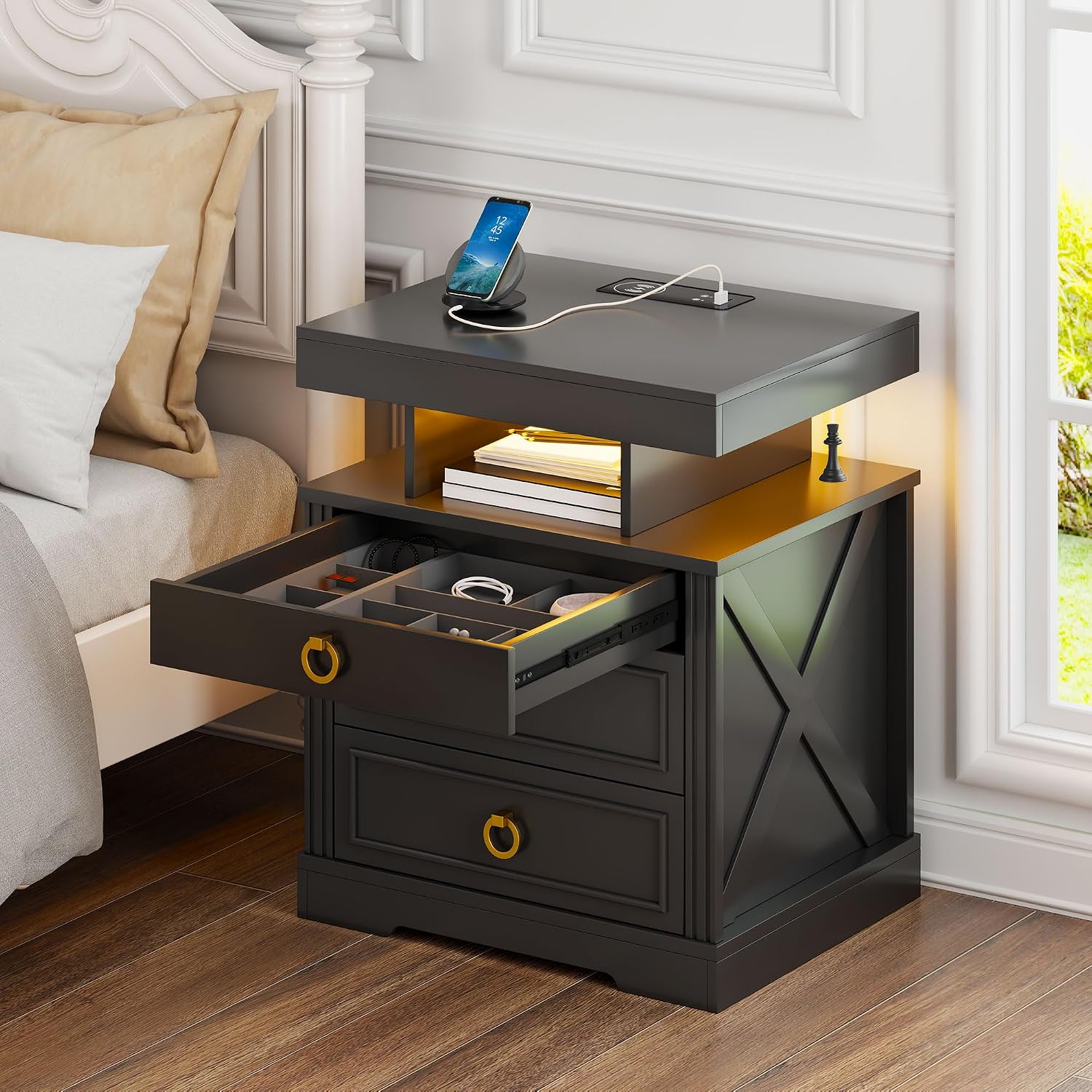 Lockable Night Stand with Gun Drawer,Charging Station,LED Lights,White | LED Nightstand with Charging Station,Farmhouse Bedside Table with 3-Color Light,End Table with 3 Drawers,Bedroom