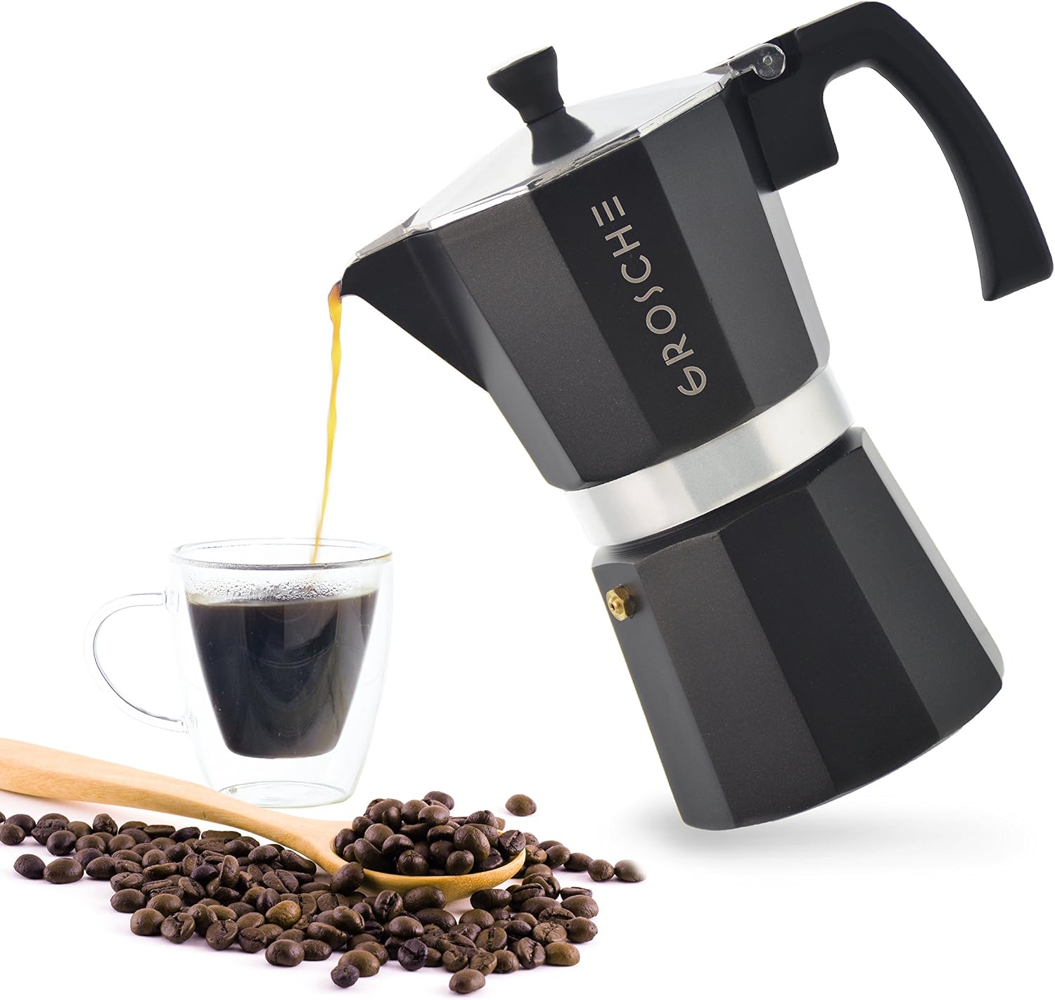 GROSCHE Milano Moka Pot | 9 Espresso Cup - 15.2 oz | Stovetop Espresso Percolator & Coffee Maker – Portable, Ideal for Home and Camping | Cuban Coffee Maker And Italian Moka Pot For Stovetop Espresso; For Gas, Electric, And Propane Stoves With A Soft-Tou…