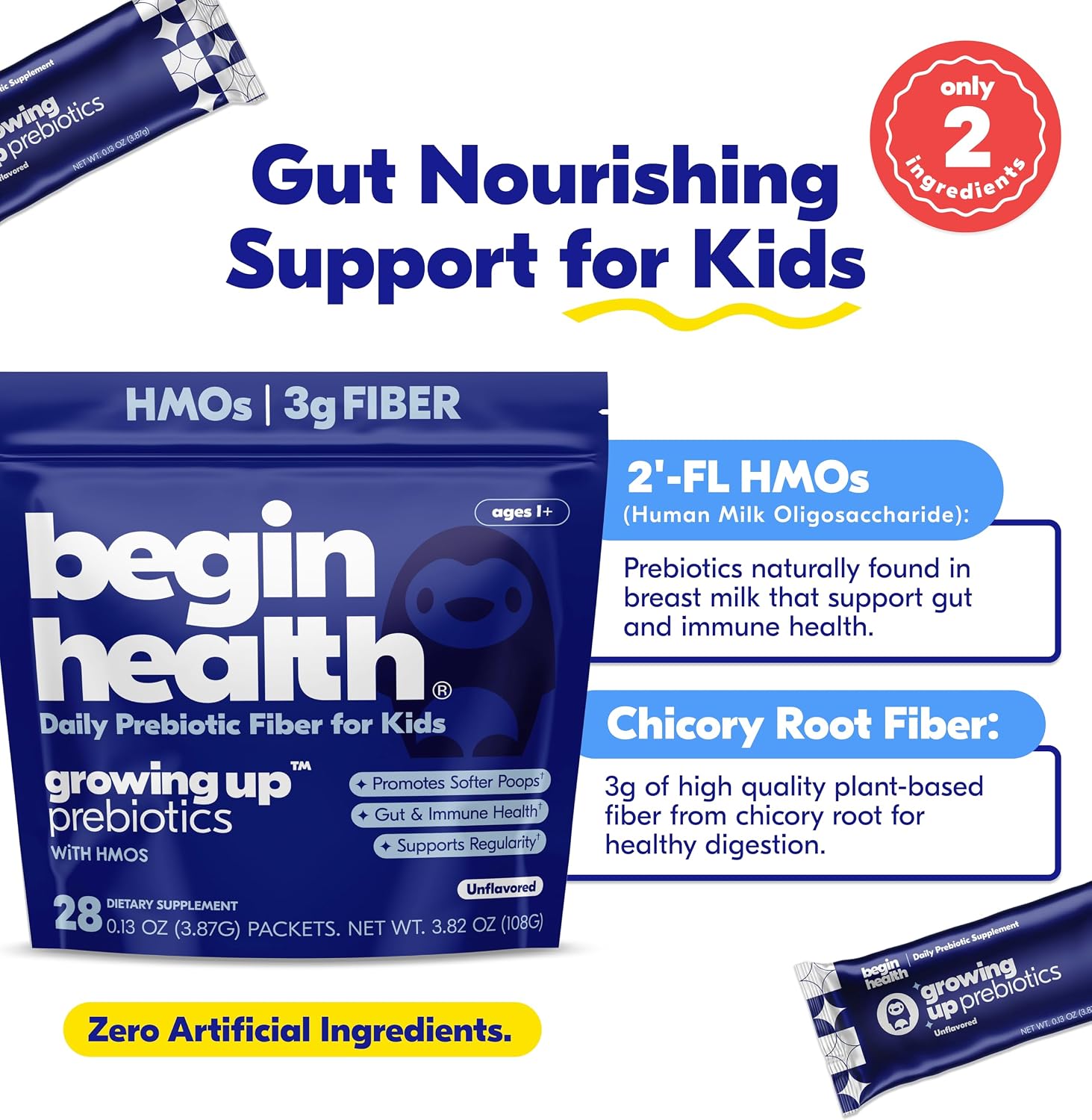 Begin Health Beginbaby® Prebiotics and Probiotics for Infants 0-12 Months | Baby Formula Prebiotic + Probiotic Powder with 2'-FL HMO's & B. Infantis for Optimal Digestion | 28-Packs - Unflavored