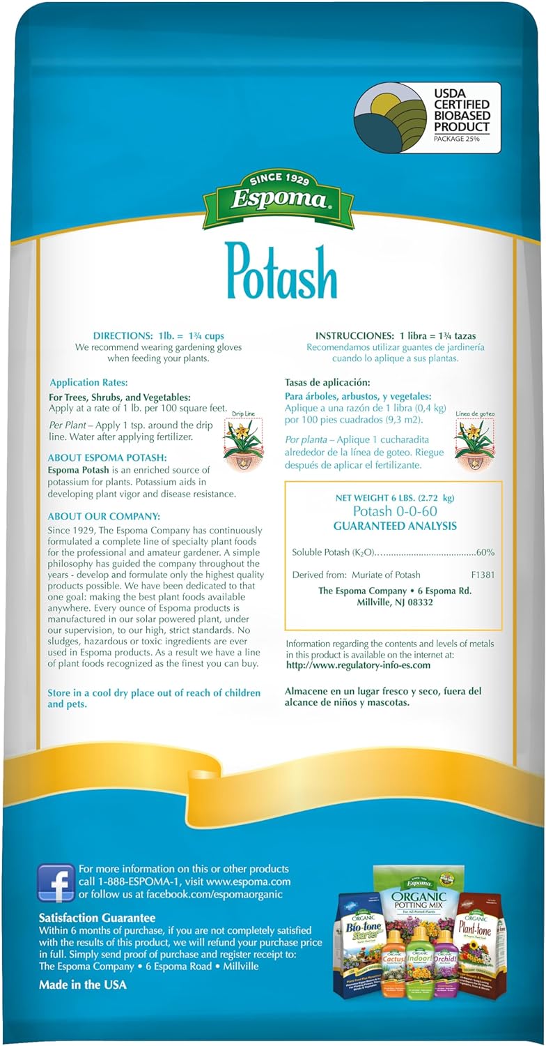 Espoma Potash 0-0-60 Potassium Fertilizer. Use for All Plants requiring Potash Supplement Including Trees, Shrubs