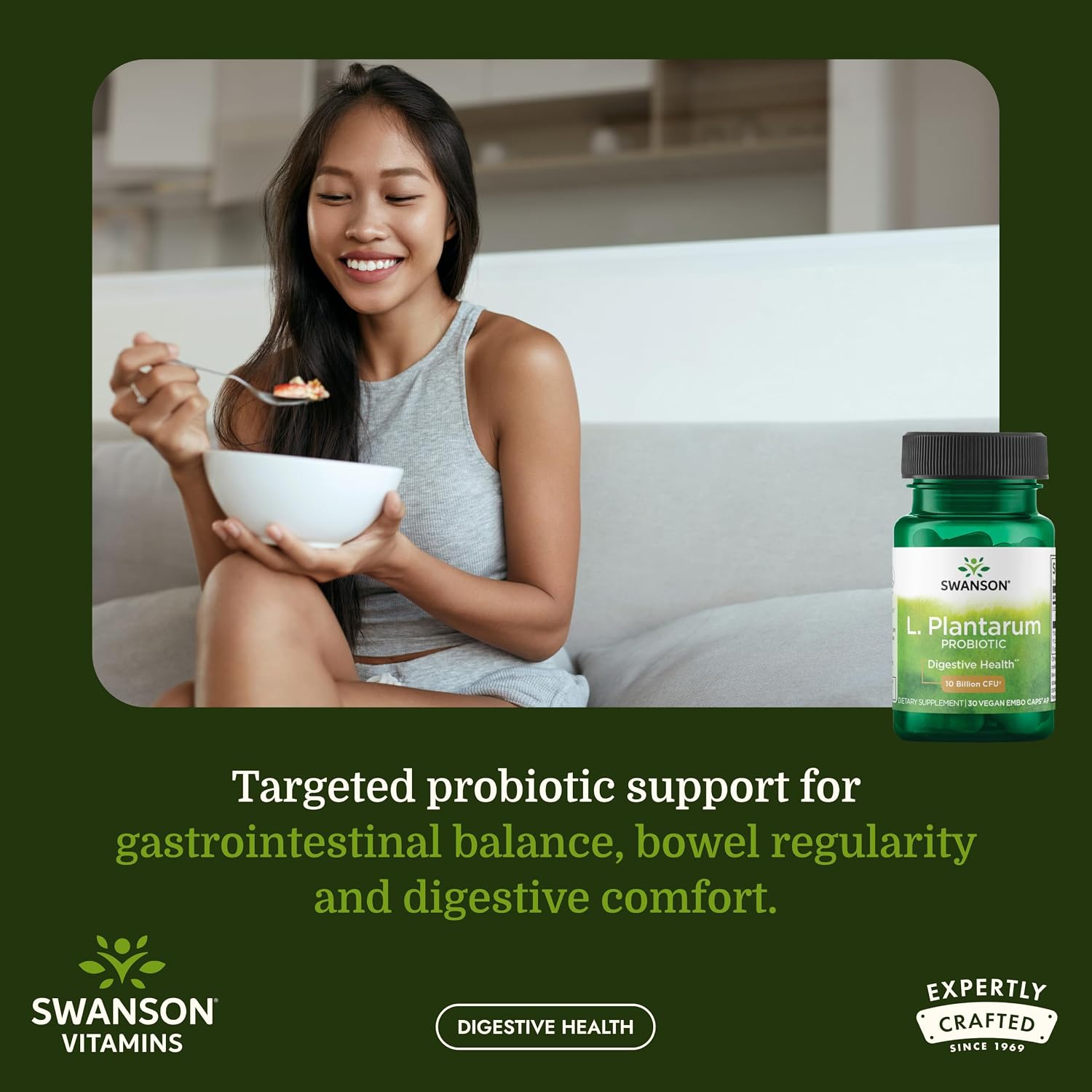 Swanson L. Plantarum - 10 Billion CFUs - Probiotic Supplement for Occasional Gas & Bloating - Supports Lower GI Tract Health* - No Refrigeration Needed - Non-GMO - 30 Vegan Capsules