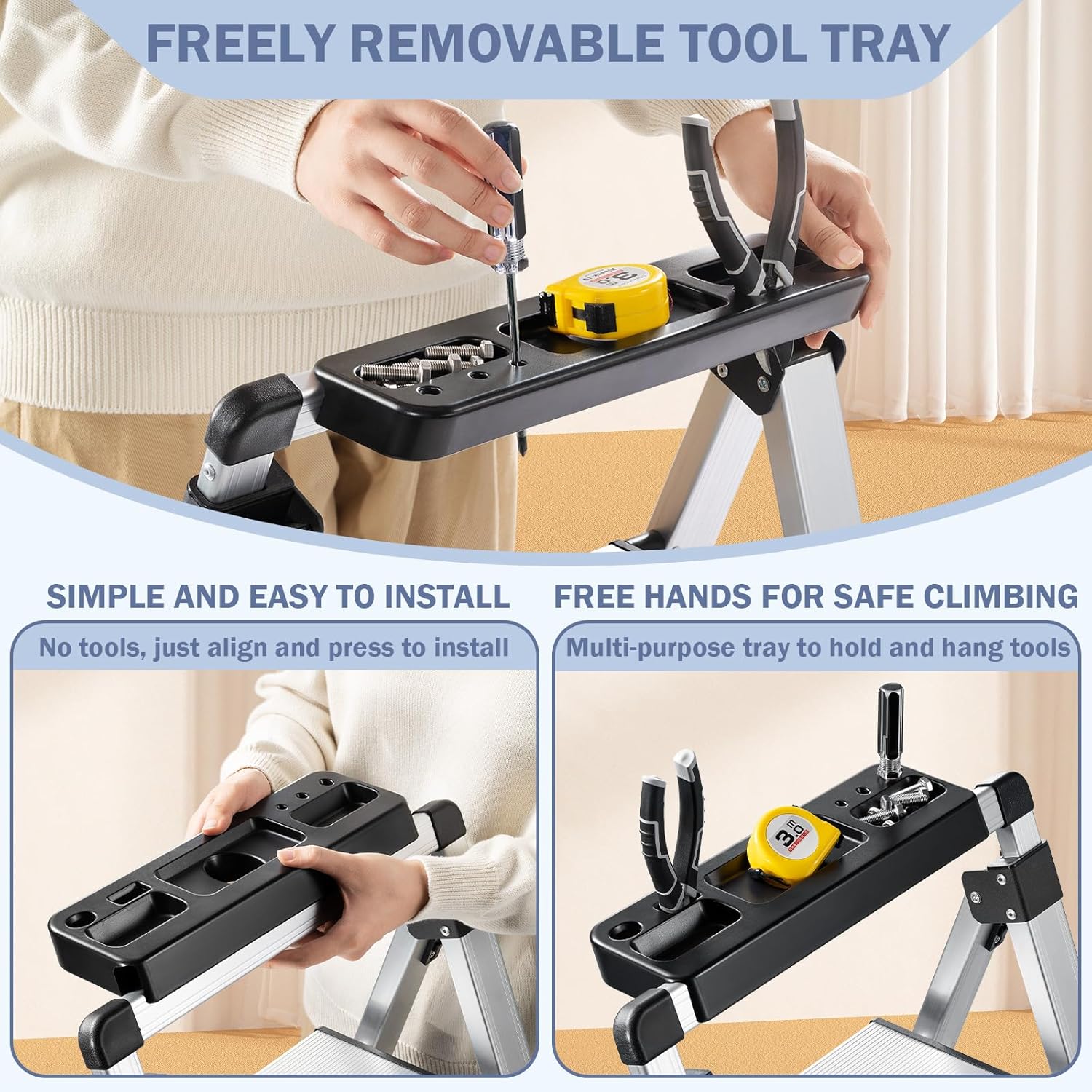 XinSunho 3 Step Ladder, Aluminum Folding Stool with Retractable Handgrip