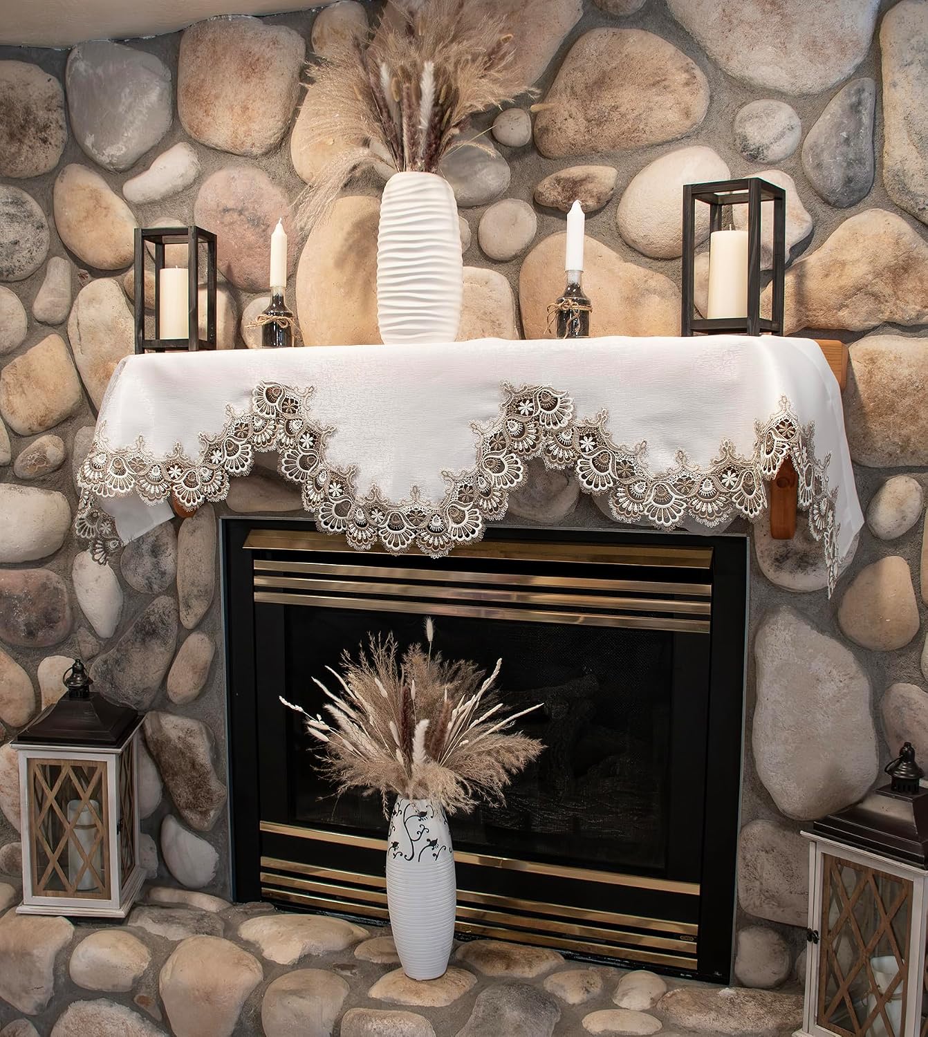 Linens, Art and Things Mantel Scarf Cocoa Earth Tone and White Jacquard (19" x 90")
