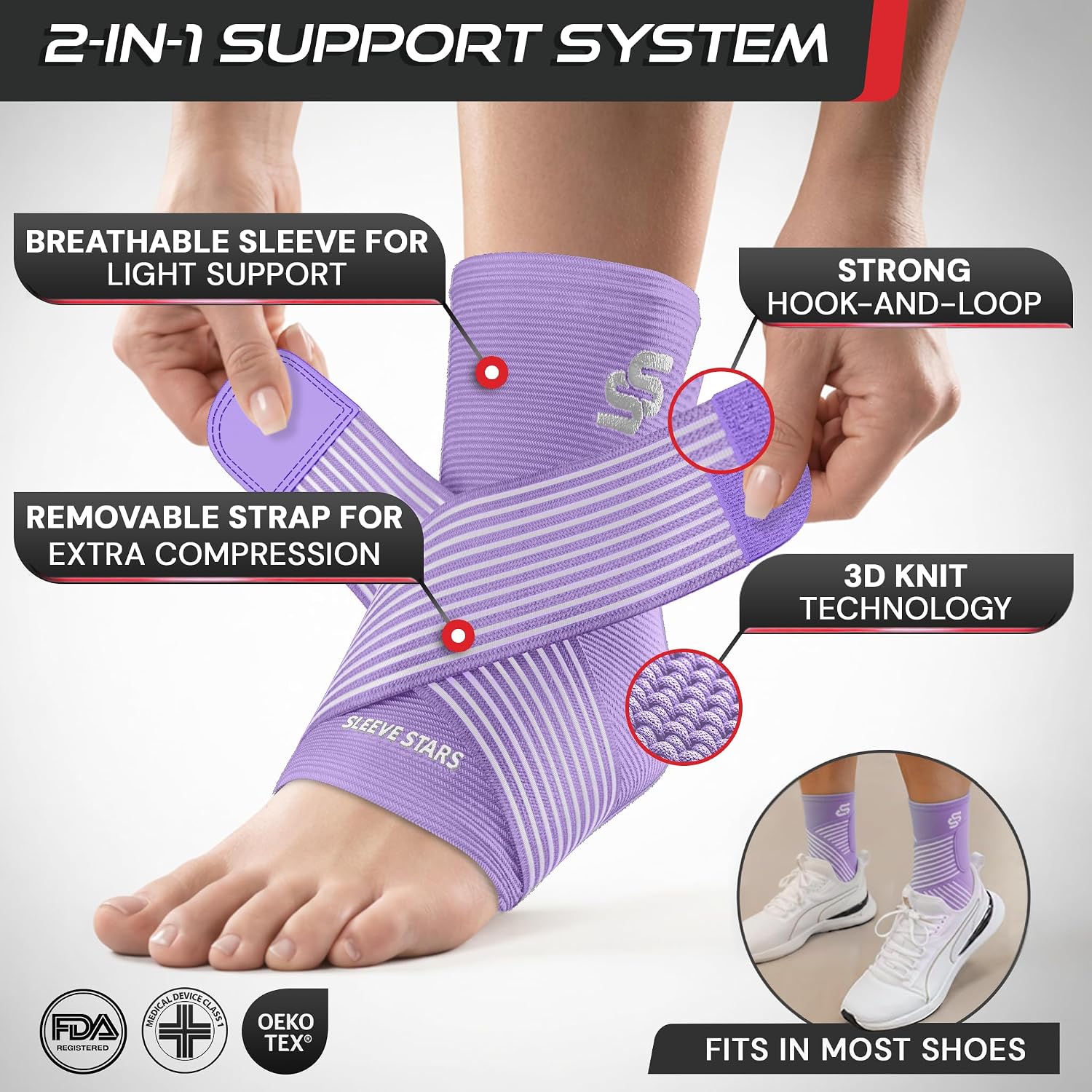 Sleeve Stars Ankle Brace for Women & Men, Ankle Wrap for Sprain, Compression Sleeve for Plantar Fasciitis Relief, Easy Customizable Support: w/ Removable Strap (Single/M:10"-12"/Black)
