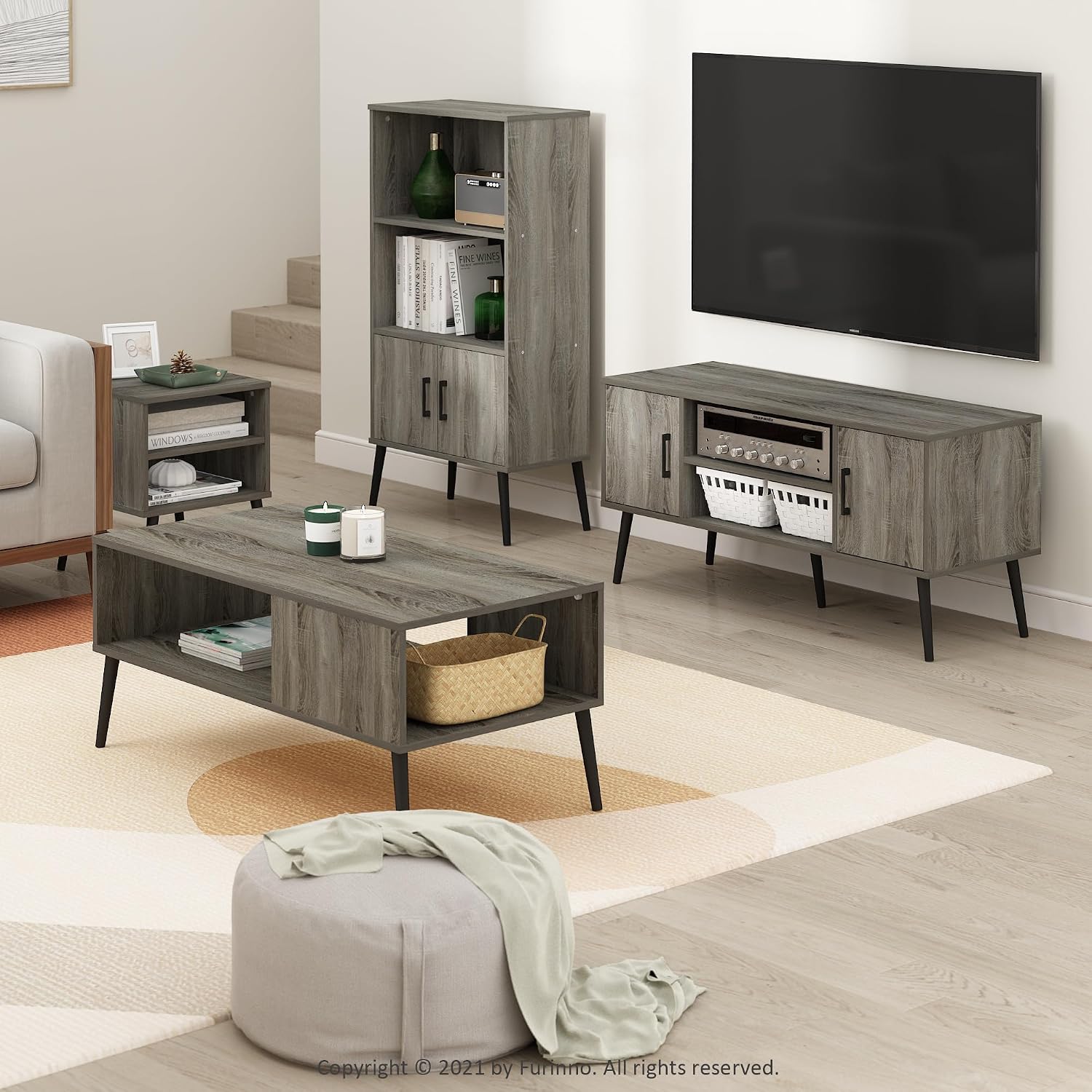 Furinno Fowler Multipurpose TV Stand Bookshelves, French Oak Grey