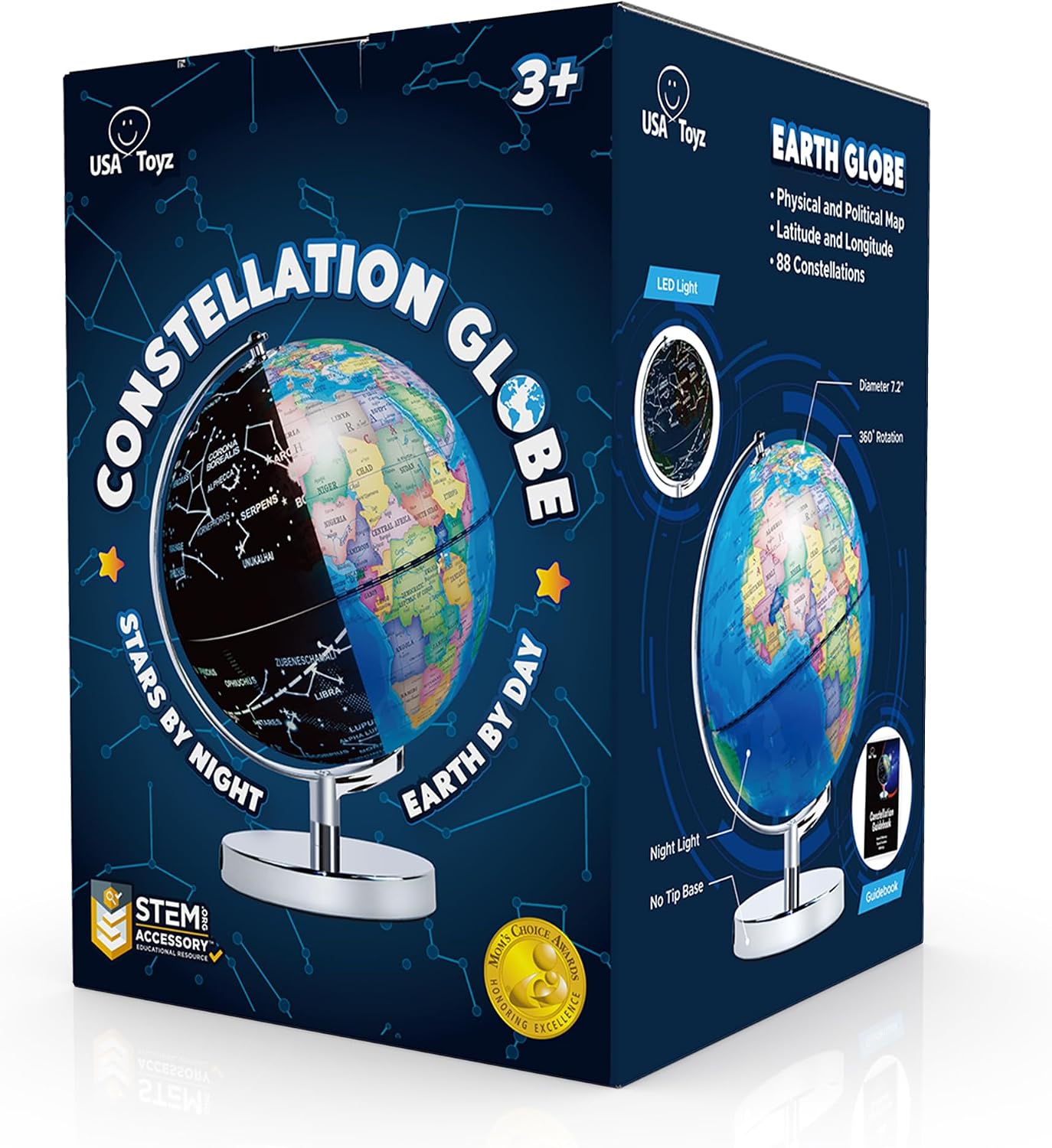 USA Toyz Illuminated World Globe with Stand - 3in1 STEM Globes for Adults and Kids, Constellation Map, Built-In LED Night Light Lamp, Easy to Read Texts, Non-Tip Base, 13.5 Inch Tall, 9 Inch Diameter