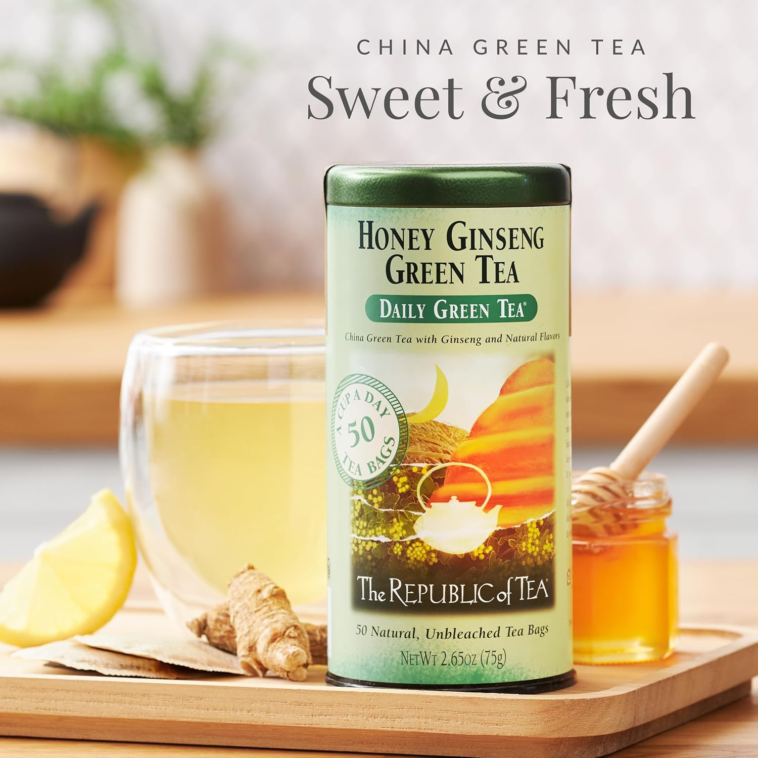 The Republic of Tea Daily Green Honey Ginseng Green Tea, 50 Count | Low Caffeine. A gentle cup for everyday sipping. Fresh with light vegetal notes. Gluten Free and Carb Free.