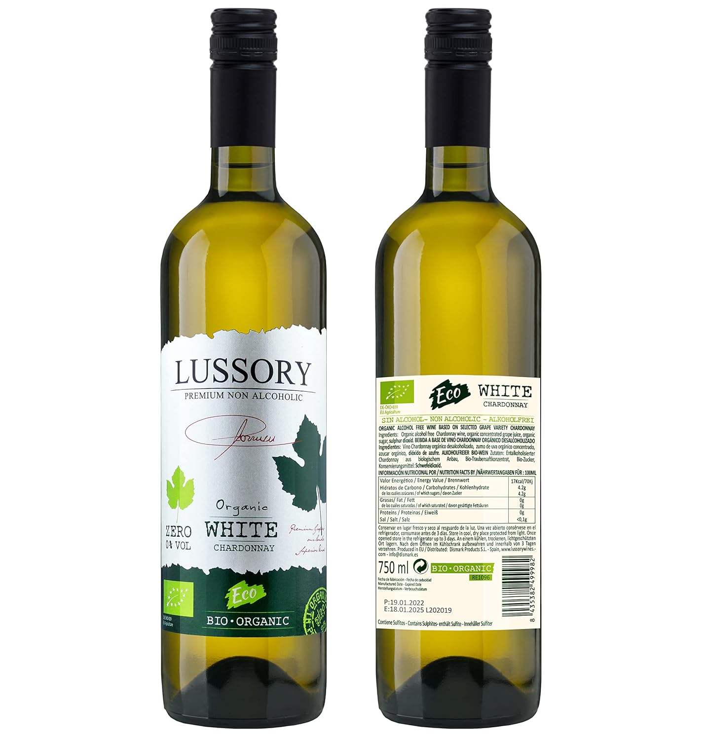 Lussory Organic Merlot Dealcoholized 0.0% Non Alcoholic Wine Red From Spain, Low Calories, Organic, Vegan (750ml, 1 Bottle)