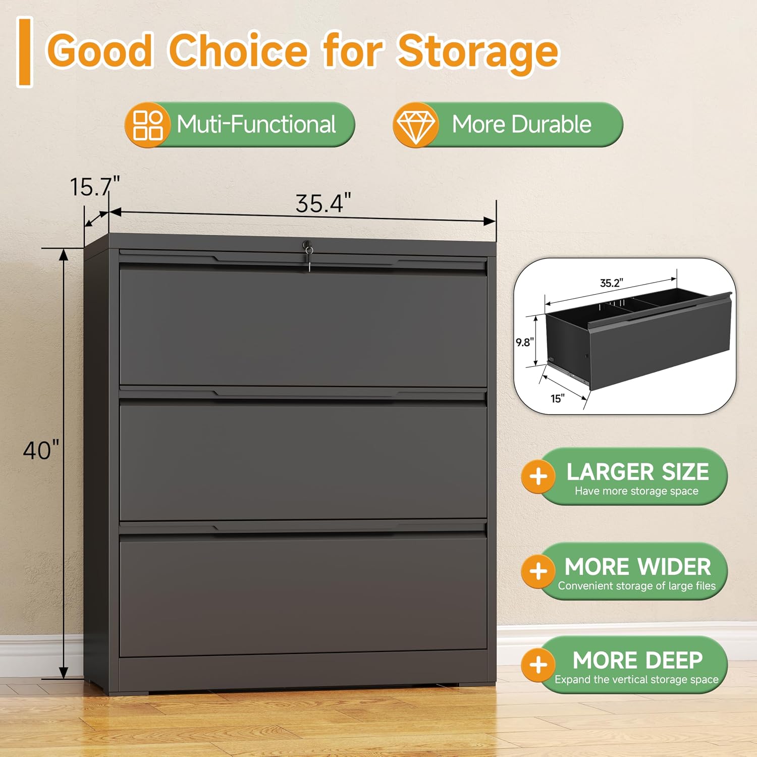 3 Drawer File Cabinet with Lock,Filing Cabinets for Home Office,Metal Small File Cabinet for Letters/Legal/A4 Size, Assembly Required,Black 3 Drawer-15 W