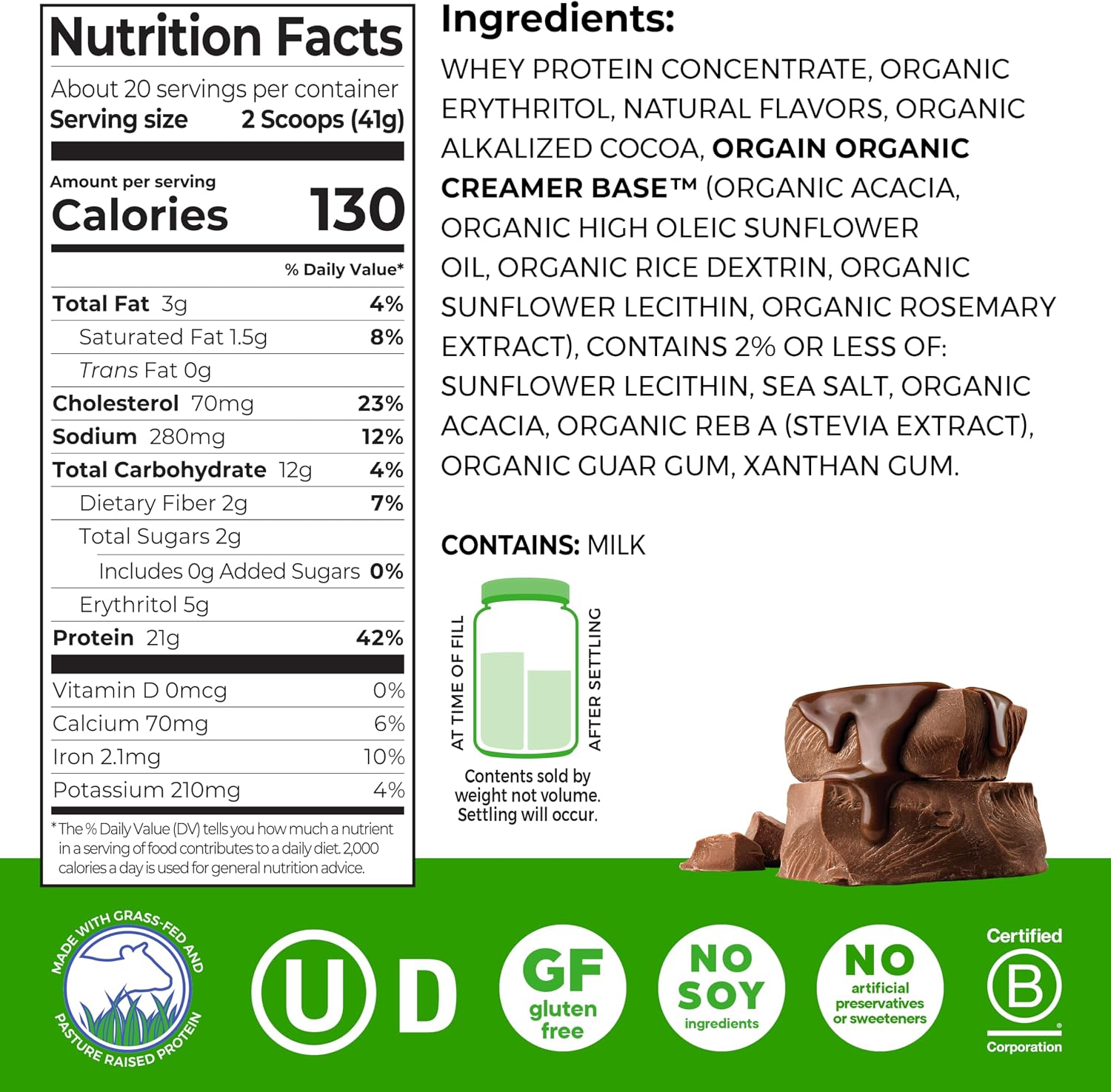 Orgain 21g Grass-Fed Whey Protein Powder, 5g BCAAs, Chocolate, 1.82lb | Dairy protein, 5g BCAAs, 4g prebiotic fiber, no sugar added, no added hormones, gluten free, kosher, for shakes & smoothies