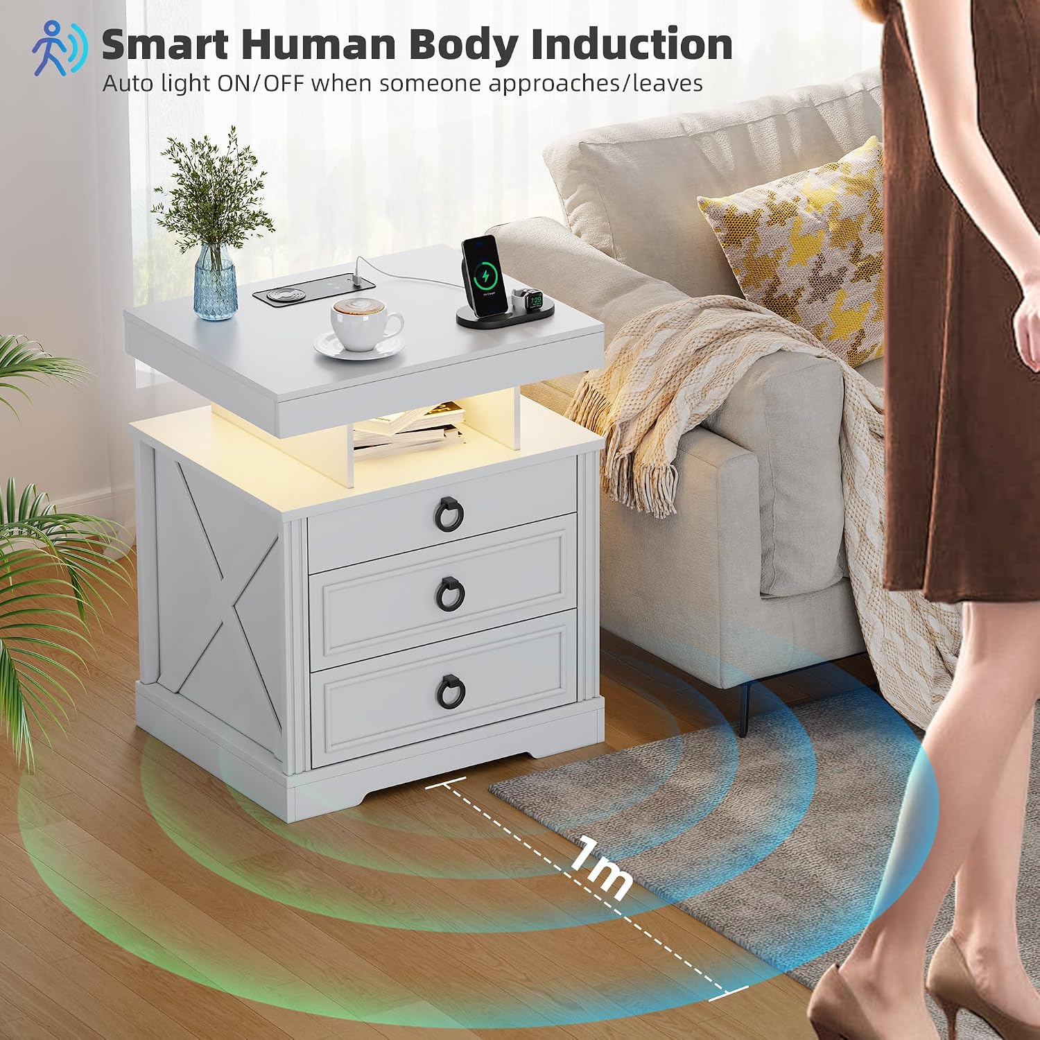 Smart LED Nightstand with Lockable Gun Drawer & Glass Top（Black） | Modern Bedside Table with Charging Station and Hidden Storage, LED Night Stand with 4 Drawers & Motion Sensor for Bedroom