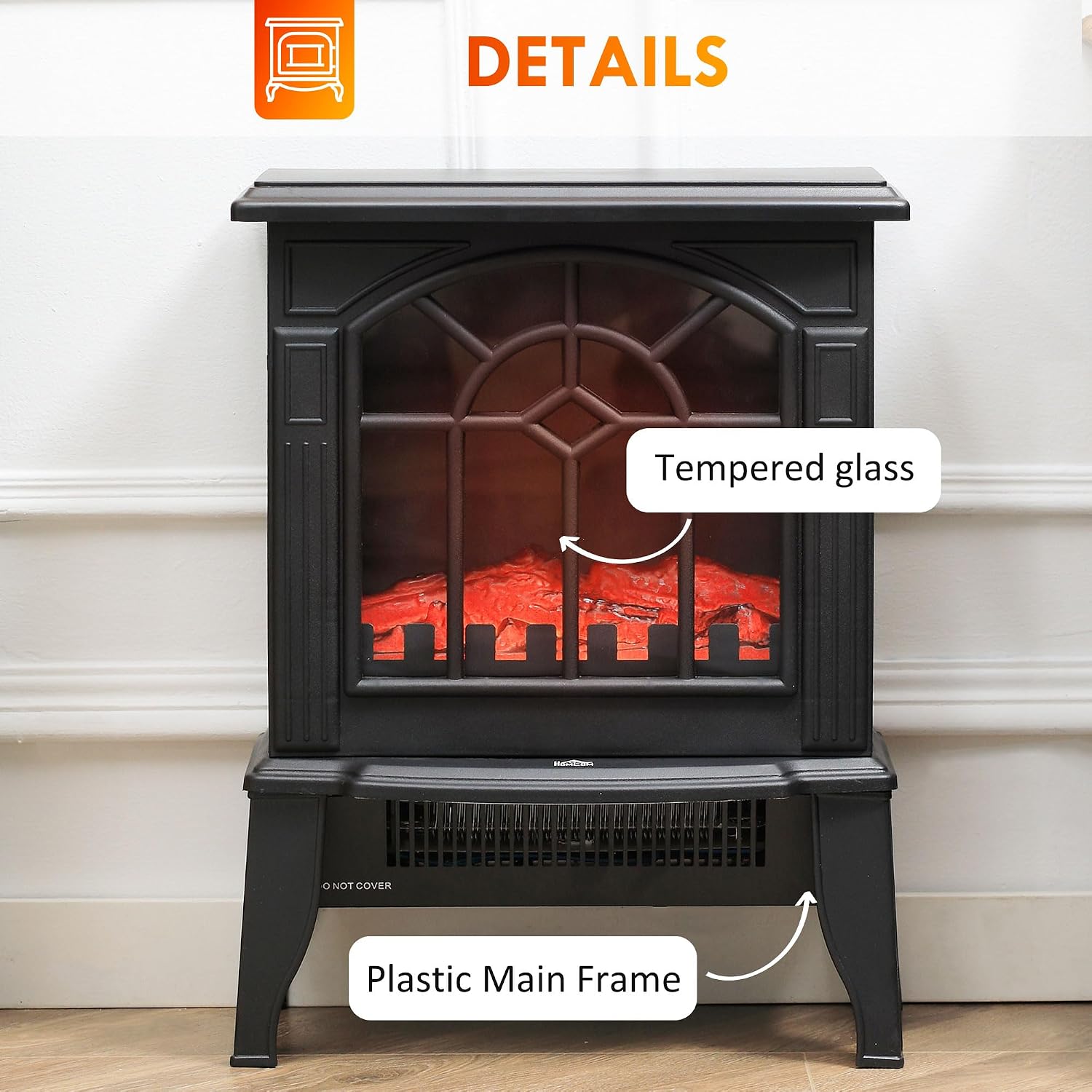 HOMCOM Electric Fireplace Stove 18" Freestanding Fireplace Heater Black | Realistic Flame, Overheating Protection, Portable, 750W/1500W