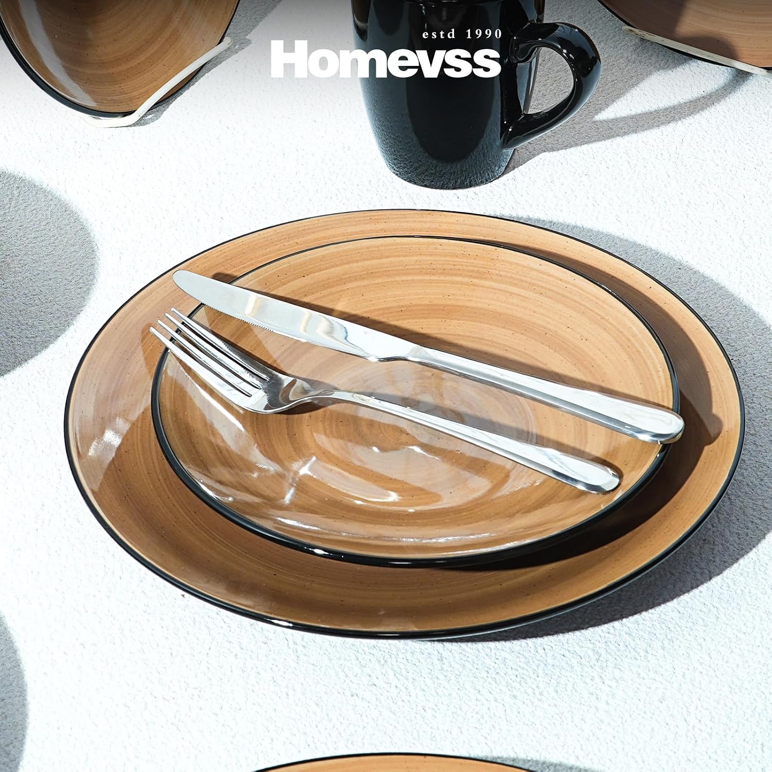 HomeVss, Sonoma Stoneware Dinnerware Set, Outside Black + Inside Hand Painting Color (16pc Set, Grey)