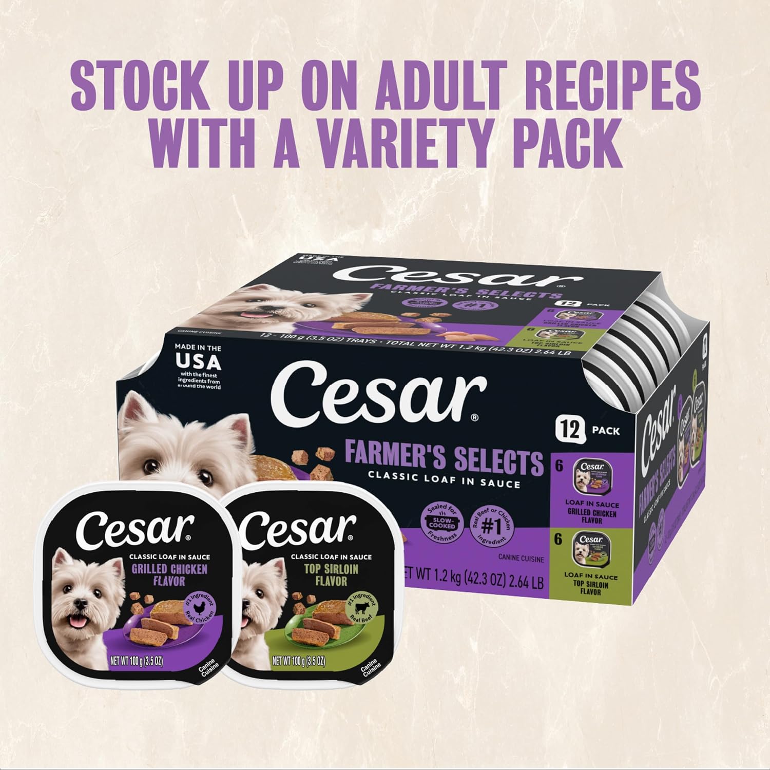 Cesar Classic Loaf Wet Dog Food, Meaty Selects, 3.5 oz, 12 Count, 2-Pack | Made in USA, Filet Mignon & Porterhouse Steak flavors, real beef #1 ingredient, no artificial flavors, easy peel trays