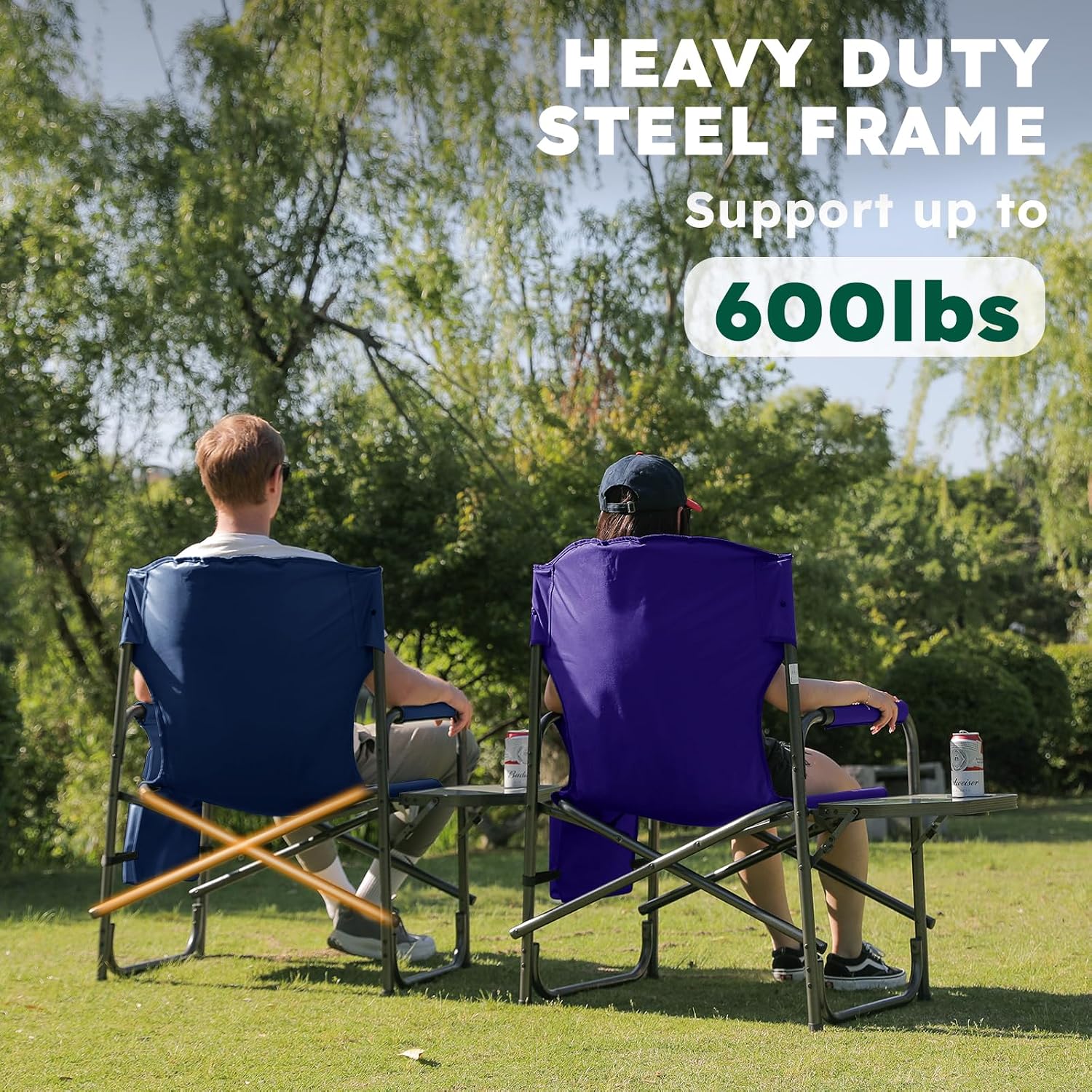 Colegence Oversized Directors Camping Chair for Adults, 600 lb, Black | Heavy duty folding outdoor chair with 28" wide seat, supportive back, side table, cup holder and detachable storage pocket