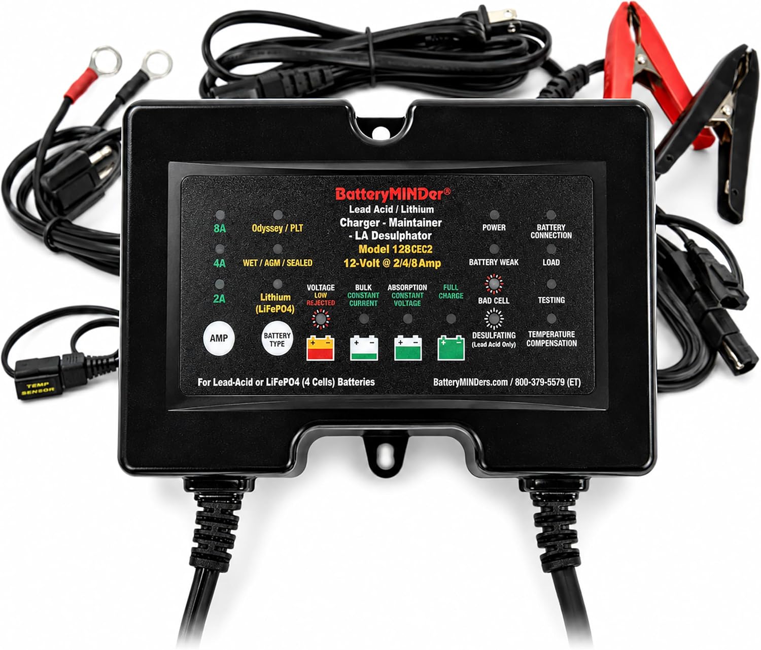 128CEC2 12V 2/4/8 Amp Smart Trickle Charger, Automatic Battery Maintainer & Desulfator for Lead Acid & LiFePO4 Batteries, AGM, Marine, RV & Odyssey