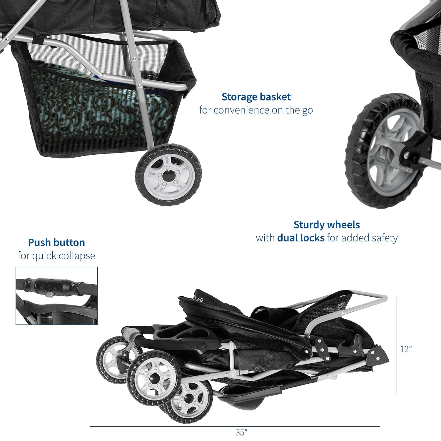 VIVO Black 3 Wheel Pet Stroller for Cat, Dog and More, Foldable Carrier Strolling Cart, STROLR-V003K
