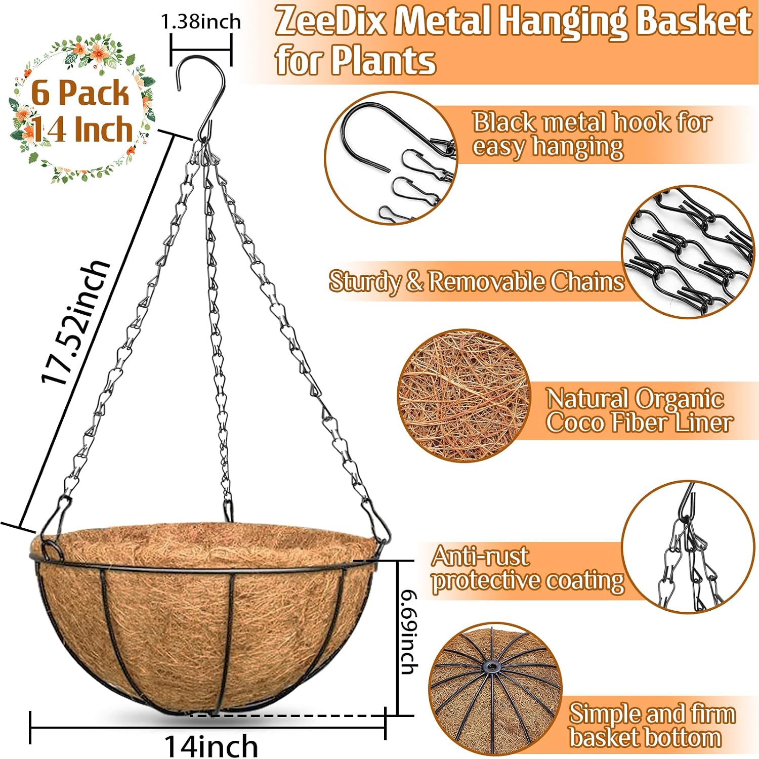 ZeeDix 3 Pack 10 Inch Metal Hanging Baskets