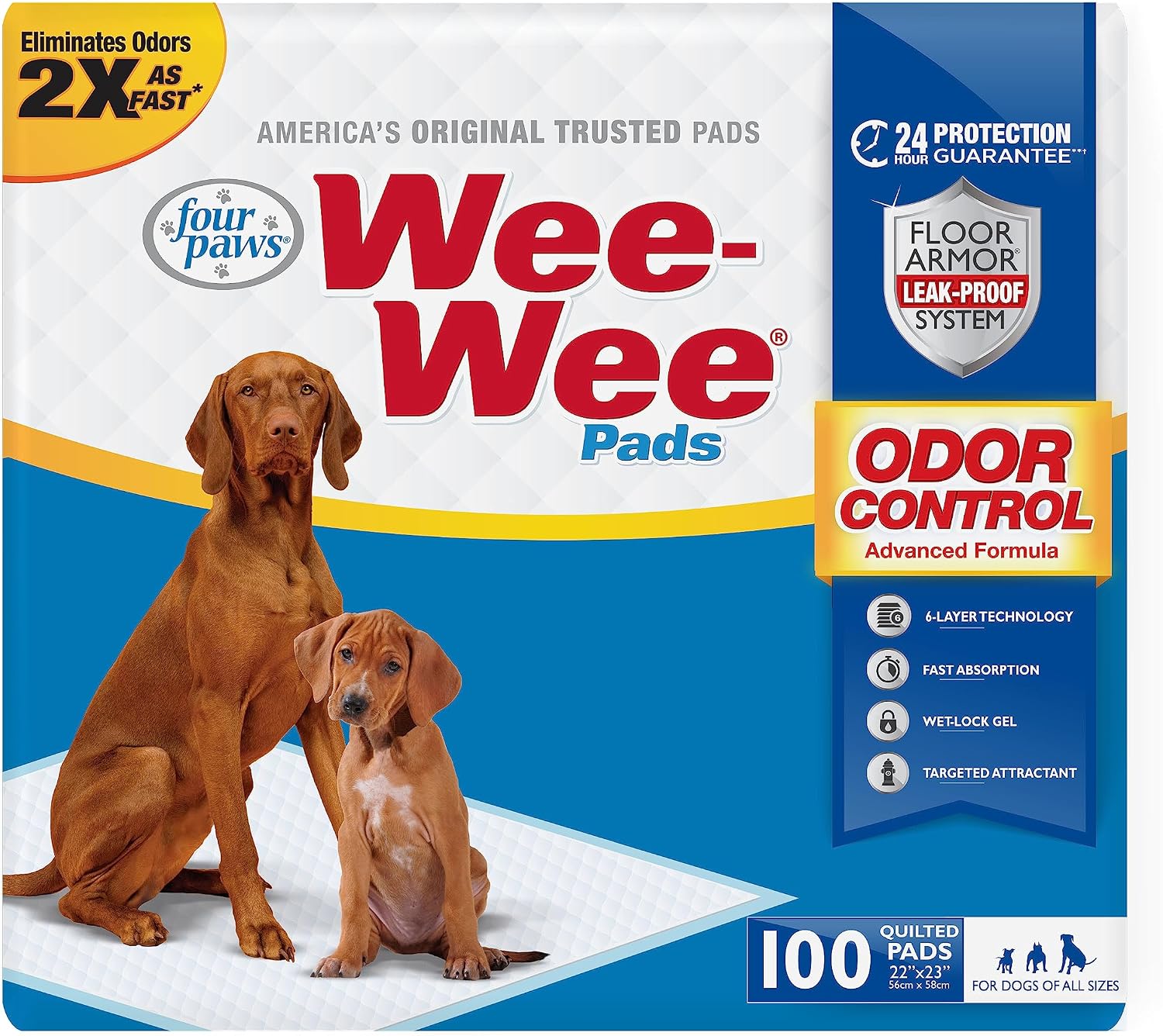 Four Paws Wee-Wee Advanced Formula Odor Control Dog Pee Pads, 100 Count | Neutralizes ammonia odors, pee pads for dogs & puppies, dog housebreaking