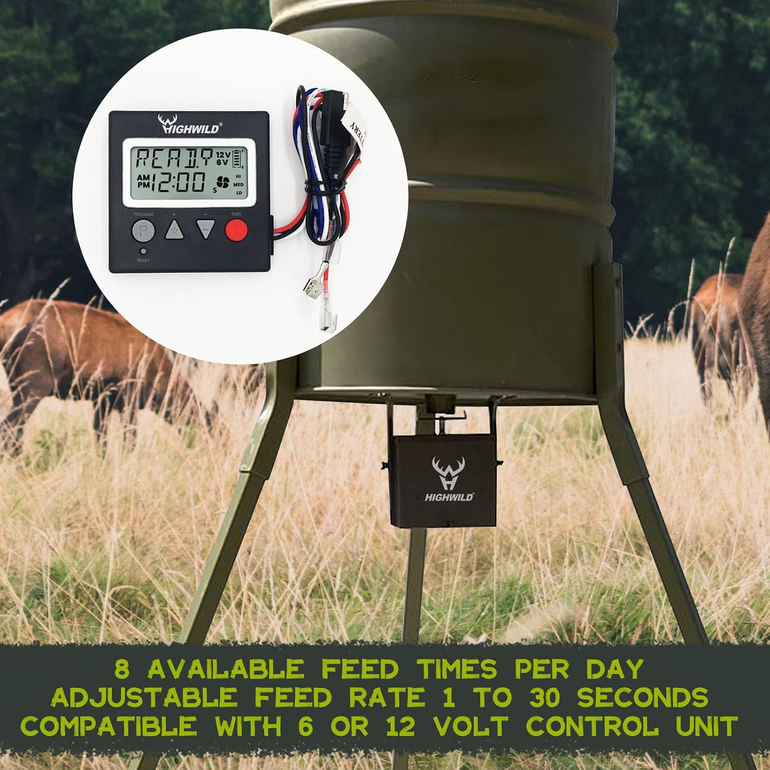 Highwild 6V/12V Universal Game Feeder Digital Timer | Up to 8 Feed Times Deer Feeder Timer with Adjustable Feed Duration, Motor Speed, LCD Display