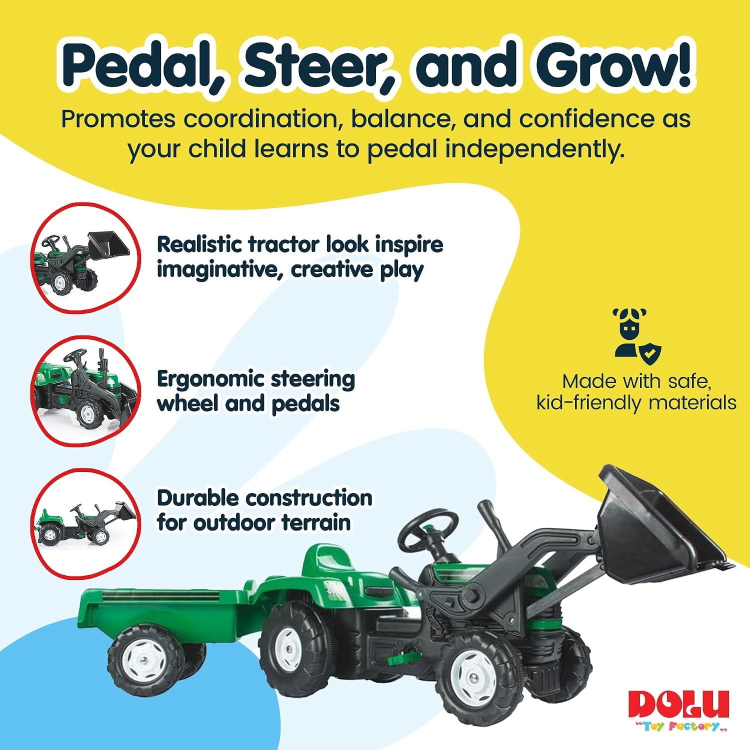 DOLU Pedal Operated Ride On Tractor for Kids with Full Ranchero Trailer, Indoor Outdoor Toy Vehicle with Front Loader & Hauling Trailer for Ages 3–6