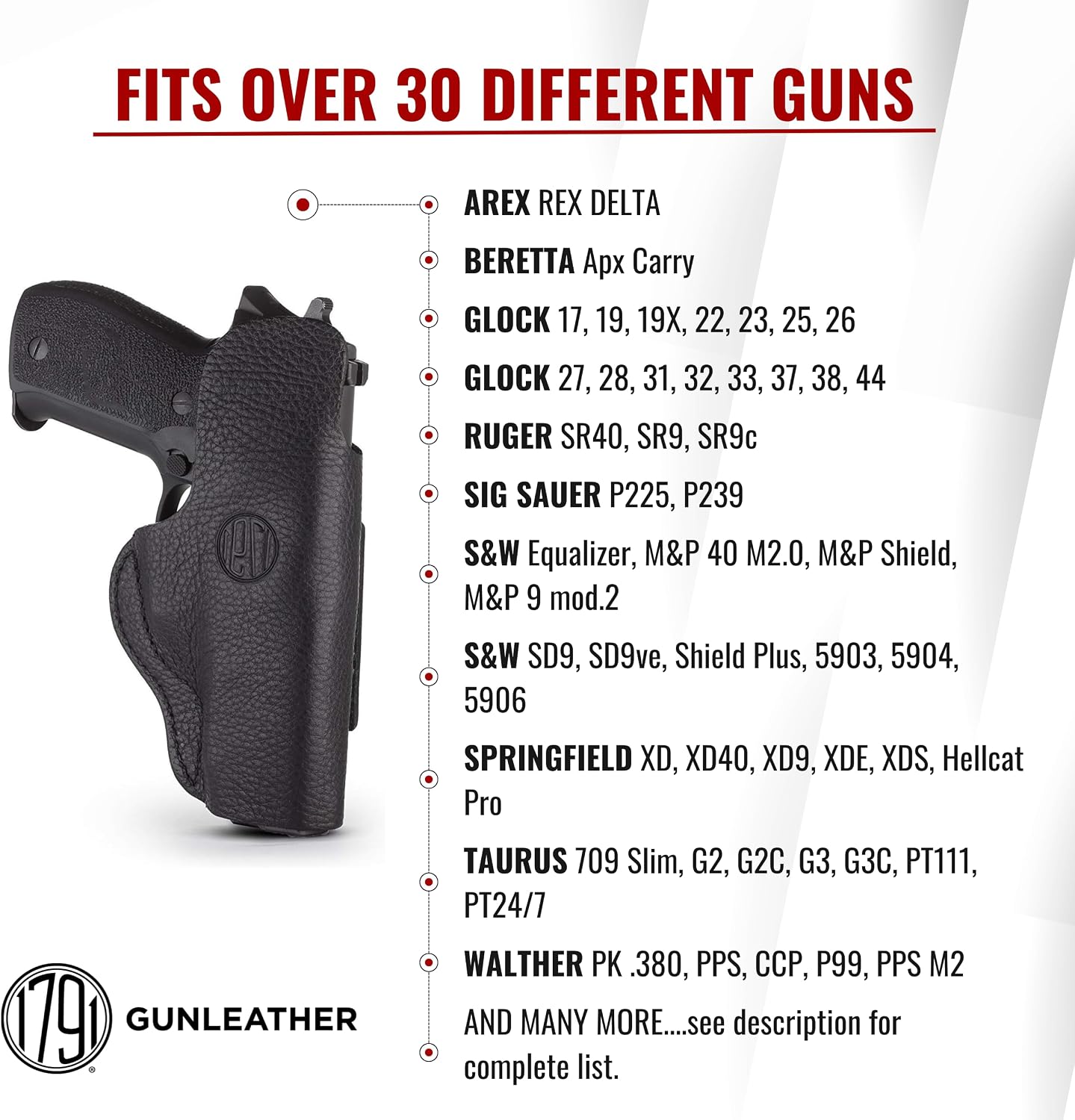 1791 Gunleather IWB Holster Fits Sig P226, P229, P220, P228, P239, P320c | Right-handed soft leather holster also fits S&W M&P Shield, Ruger SR9, SR40
