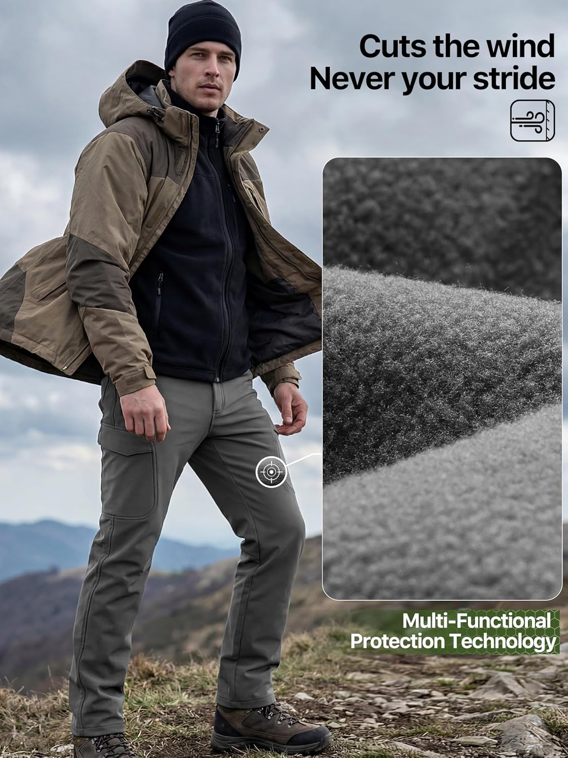 FREE SOLDIER Men's Outdoor Softshell Fleece Lined Cargo Pants | Snow Ski Hiking Pants with Belt, Waterproof Winter Pants, Insulated Work Pants, Breathable Windproof Insulated Pants