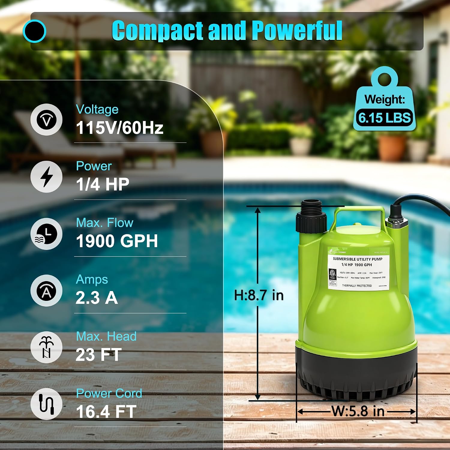 1/4HP Utility Pump 1900GPH Portable Submersible Sump Pump