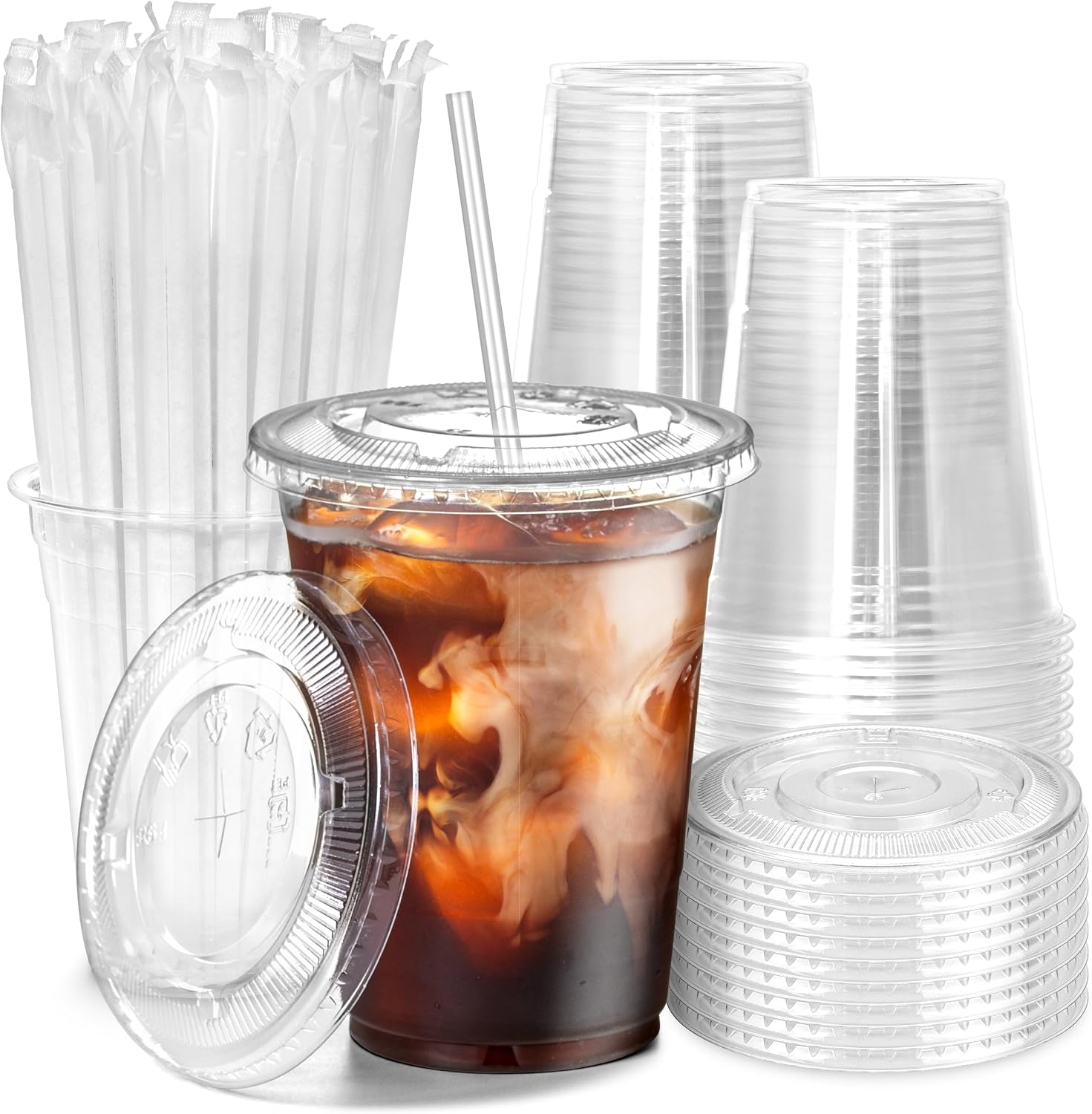 Fit Meal Prep 100 Pack 16 oz Clear Plastic Cups with Flat Lids, Disposable Iced Coffee Cups, BPA Free Premium Crystal Smoothie Cup for Party, Lemonade Stand, Cold Drinks, Juice, Milkshake
