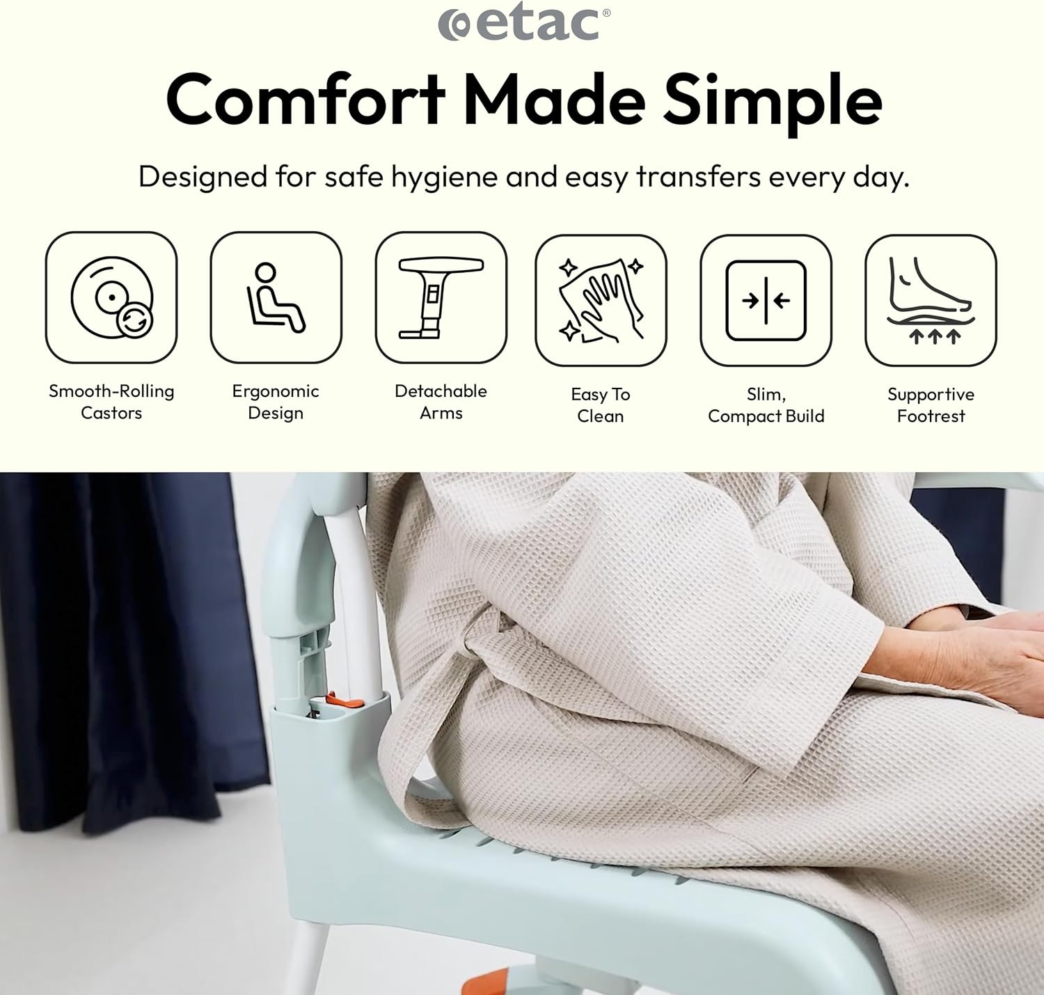Etac Clean 24" Self-Propelled Shower Chair with Wheels - 21 3/4 Inch Fixed Height with 24 Inch Rear Wheels - Shower Wheelchair for Elderly and Disabled - Movable Armrest & Ergonomic Footrest