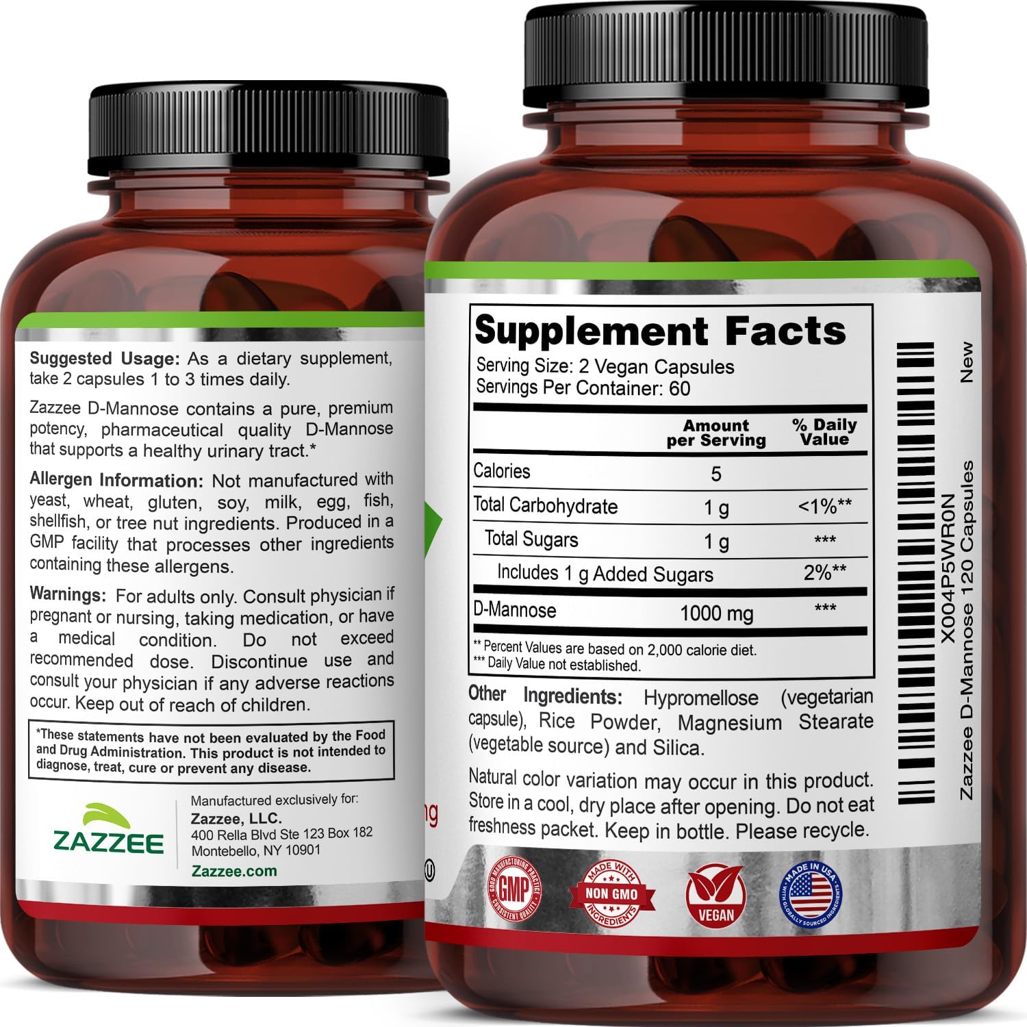 Zazzee D-Mannose, 1000 mg per Serving, 180 Vegan Capsules, 3 Month Supply | Potent & Fast-Acting, Certified Kosher, 100% Pure, All-Natural Urinary Tract Health Support, 100% Vegetarian, Non-GMO