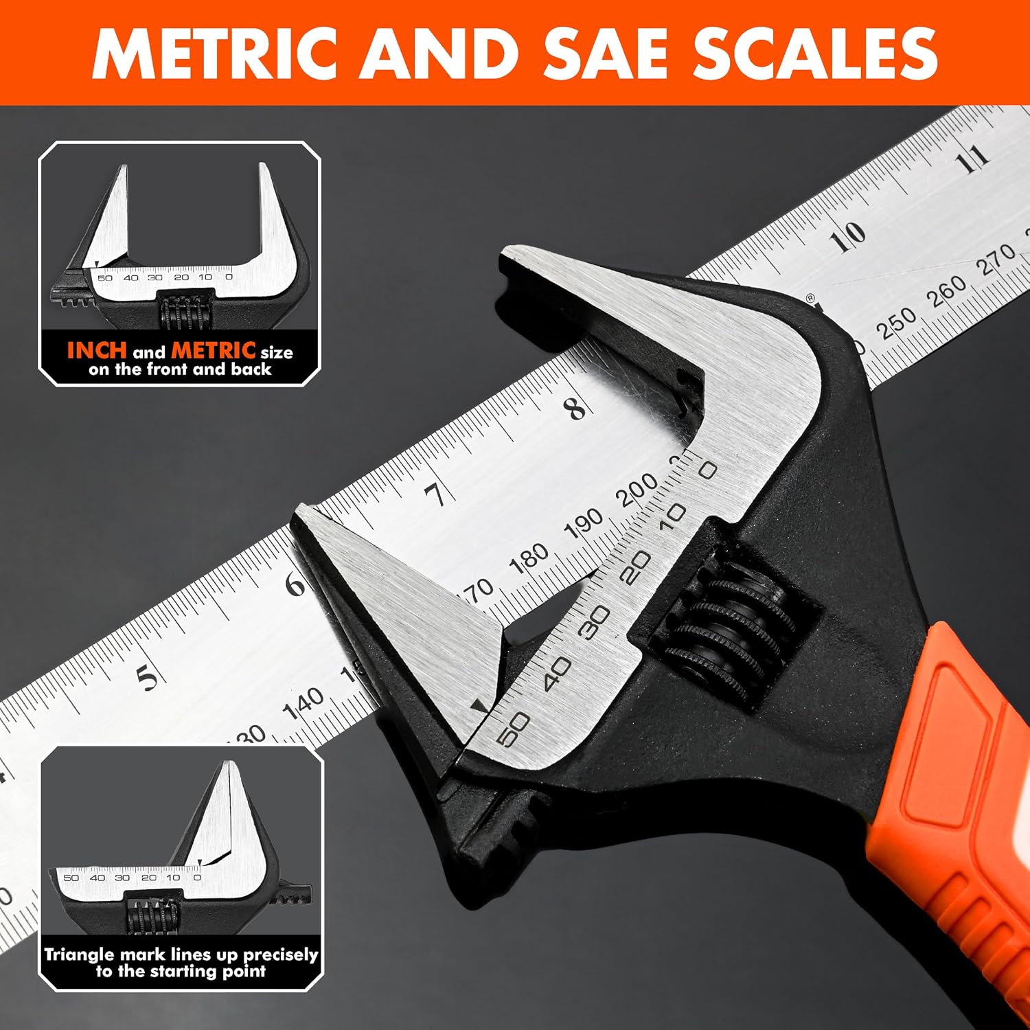VANQUISH 12 Inch Adjustable Wrench, 2-3/8” Wide Jaw Opening Plumbing Wrench, CR-V Steel, SAE and Metric Scale Marked, With Comfort Grip Handle and Hanging Hole (3154)