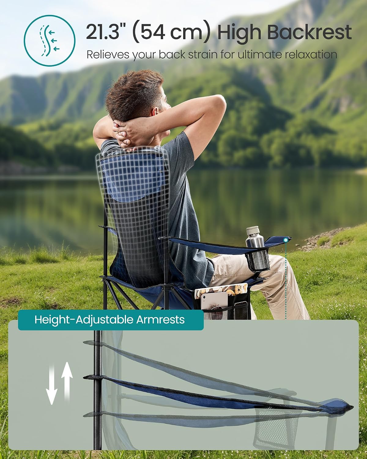 SONGMICS Camping Chair, Folding Oversized Chair, Comfortable and Heavy-Duty, 352 lb Weight Capacity, Adjustable Armrests with Cooler Bag, Storage Bag, Breathable Mesh, Bijou Blue UGCB060Q01