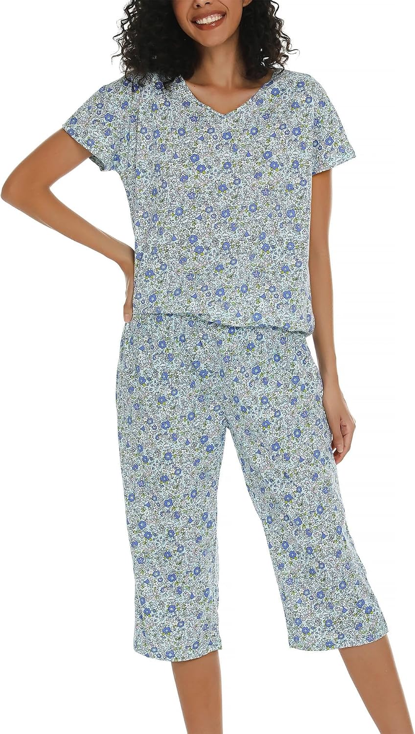 ENJOYNIGHT Womens Pajama Set Cotton Short Sleeve Top With Capri Pants Pj
