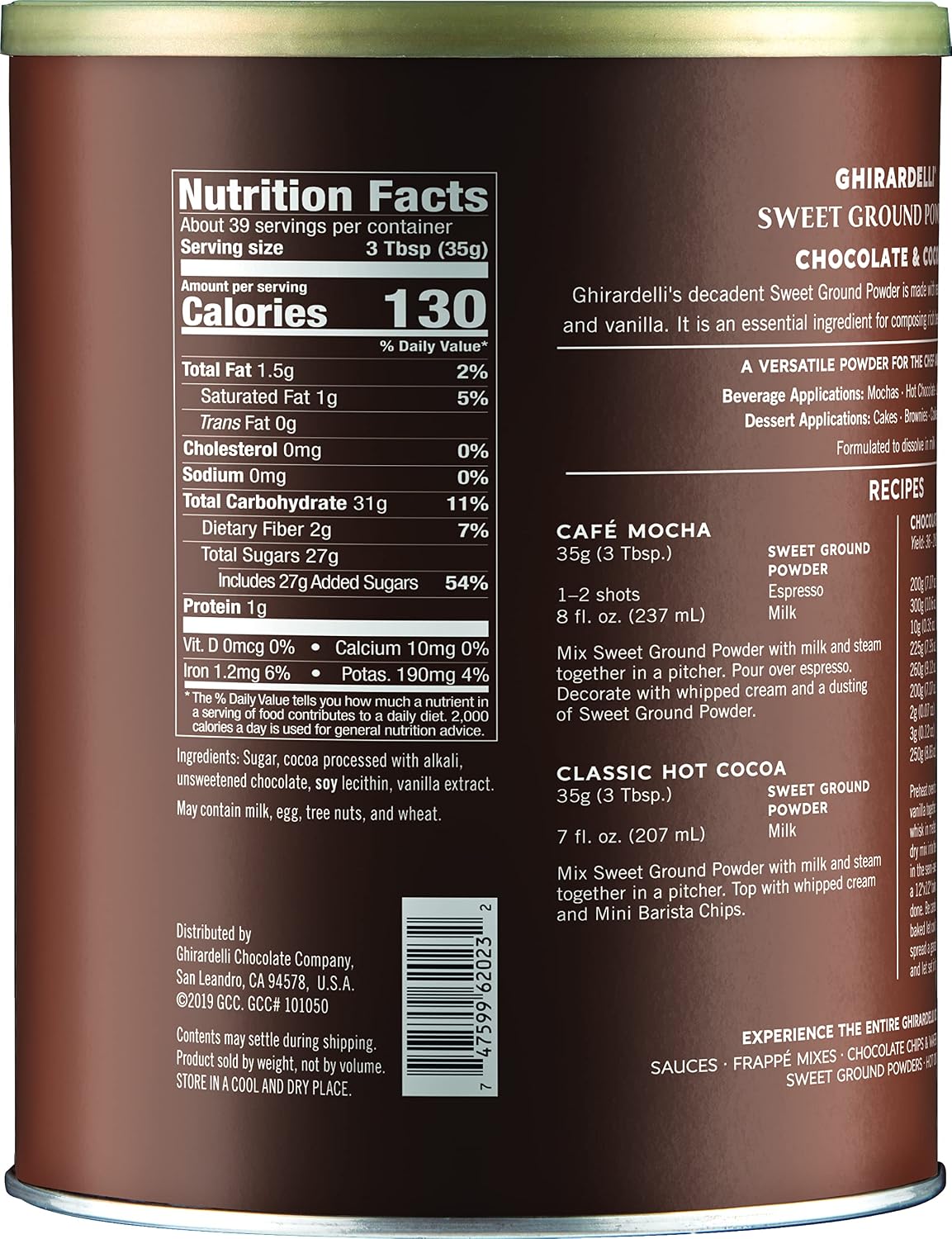 Ghirardelli Chocolate Company Sweet Ground Chocolate & Cocoa Gourmet Powder 3 lbs with Ghirardelli Stamped Barista Spoon