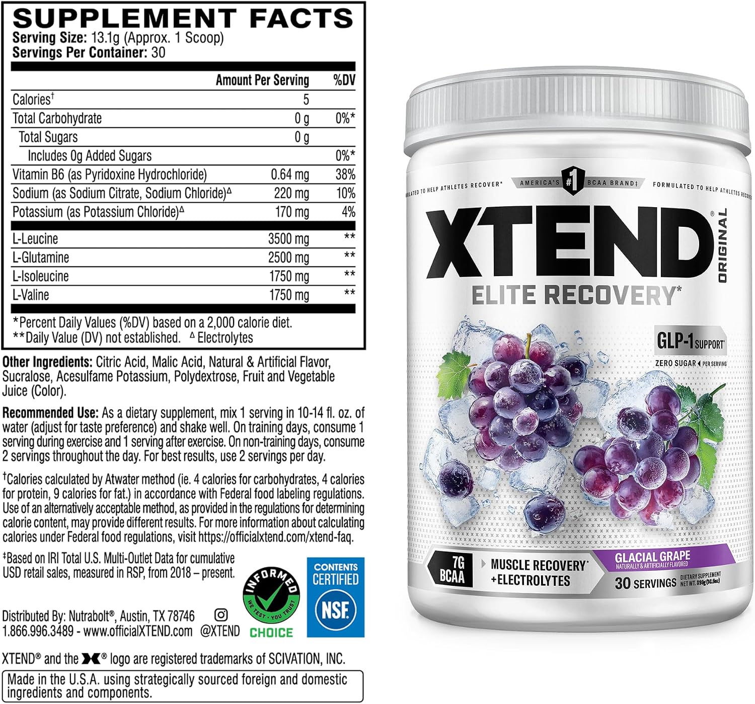 Xtend Original BCAA Powder, 7g BCAAs and 2.5g L-Glutamine for Muscle Recovery Hydration and Lean Muscle, Sugar Free Intra and Post Workout Drink with Electrolytes, Watermelon Explosion, 30 Servings